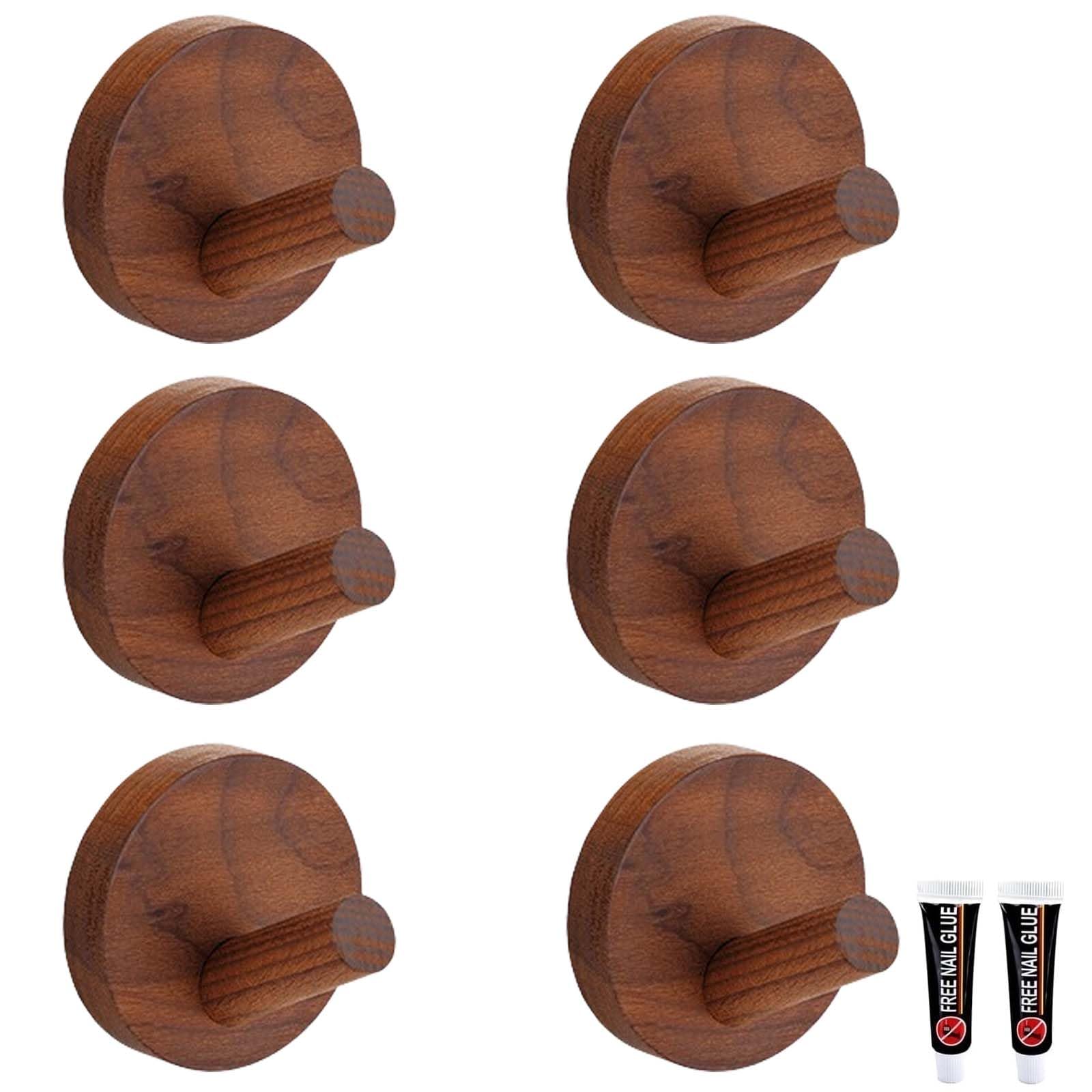 Kexyoan Walnut 6 Pack Decorative Vintage Wooden Wall Hook Self-Adhesive Natural Beech Coat Mounted Suitable For Kitchen Door Bathroom Hallway And Corridor(,5.5Cm)