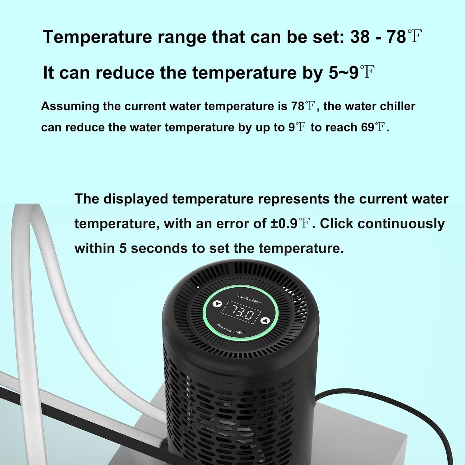 Carfree Fish Aquarium Chiller Semiconductor Technology Cooling Water Low Noise 35dB Long Service Life Small Size Energy-Saving for ≤12Gal Tank(Patent No.: US D1065431S)