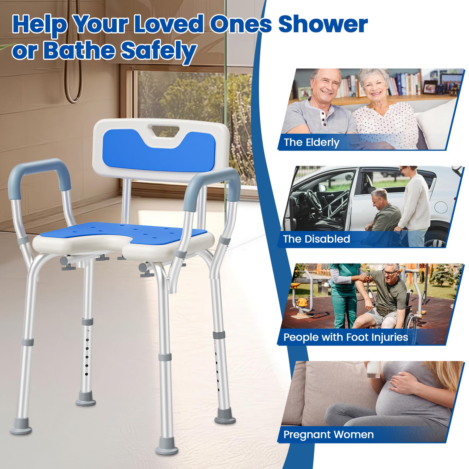 Silla para Ducha, Taburete Ducha con Respaldo y Reposabrazos Extraíbles, 6 Altura Ajustable, Antideslizante, Silla Ducha para Personas Mayores y Discapacitadas, Capacidad de hasta 150 kg