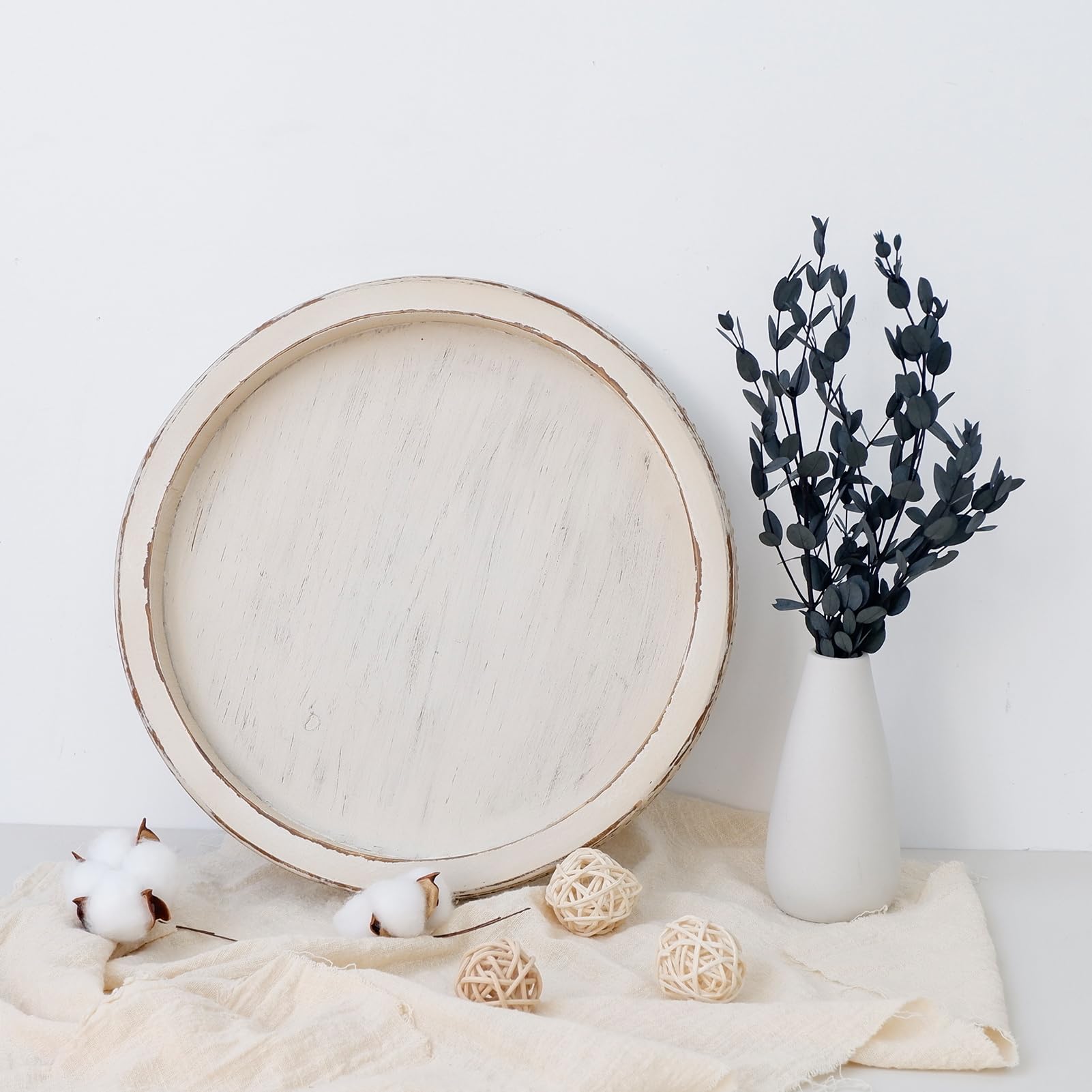 12.2'' Round Wood Decorative Tray, TOOLTENG White Beaded Tray, Wooden Serving Tray, Farmhouse Wooden Decorative Tray for Coffee Table, Living Room, Kitchen Counter, Home Decor