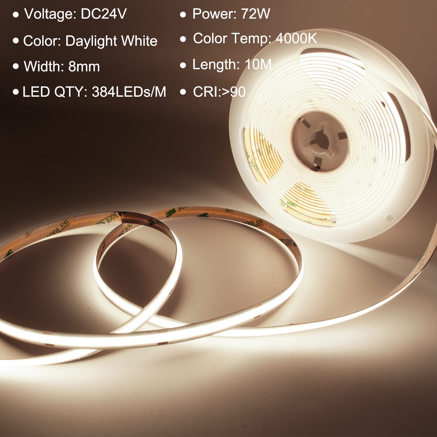TTWAY Striscia LED COB 10 Metri 4000K, DC24V Strisce LED Bianco Naturale con 384LED/M, CRI 90+, larghezza 8 mm, LED Striscia per la decorazione della camera da letto (alimentatore non incluso)