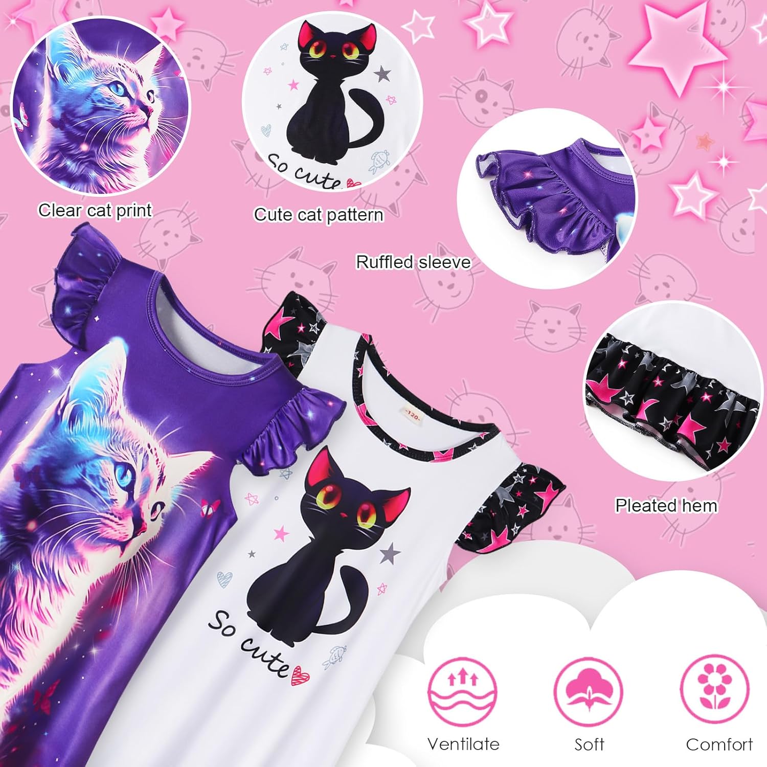 WonderBabe 2Pcs Girls Nightgowns Unicorn Pajamas Toddler Nightgown Sleepwear Flutter Short Sleeves Night Gowns for Kids - Image 3