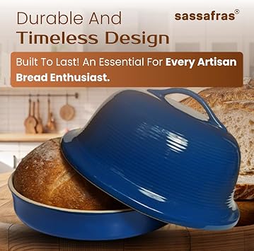 Sassafras Superstone Stoneware La Cloche Bread Baker with Blue Glazed Exterior and Unglazed Interior Bakes an Artisan Bread with Crusty Crust and a Light Crumb