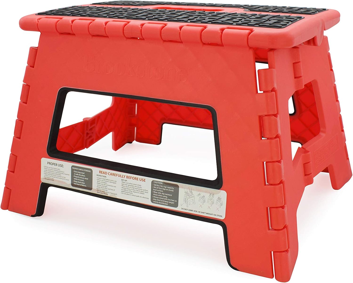 Brookstone BKH1103 9” Folding Step Stool, Non-Slip Textured Grip Surface, Foldable Space Saving Design, Carrying Handle, Holds Up to 300 Pounds, Red : Office Products