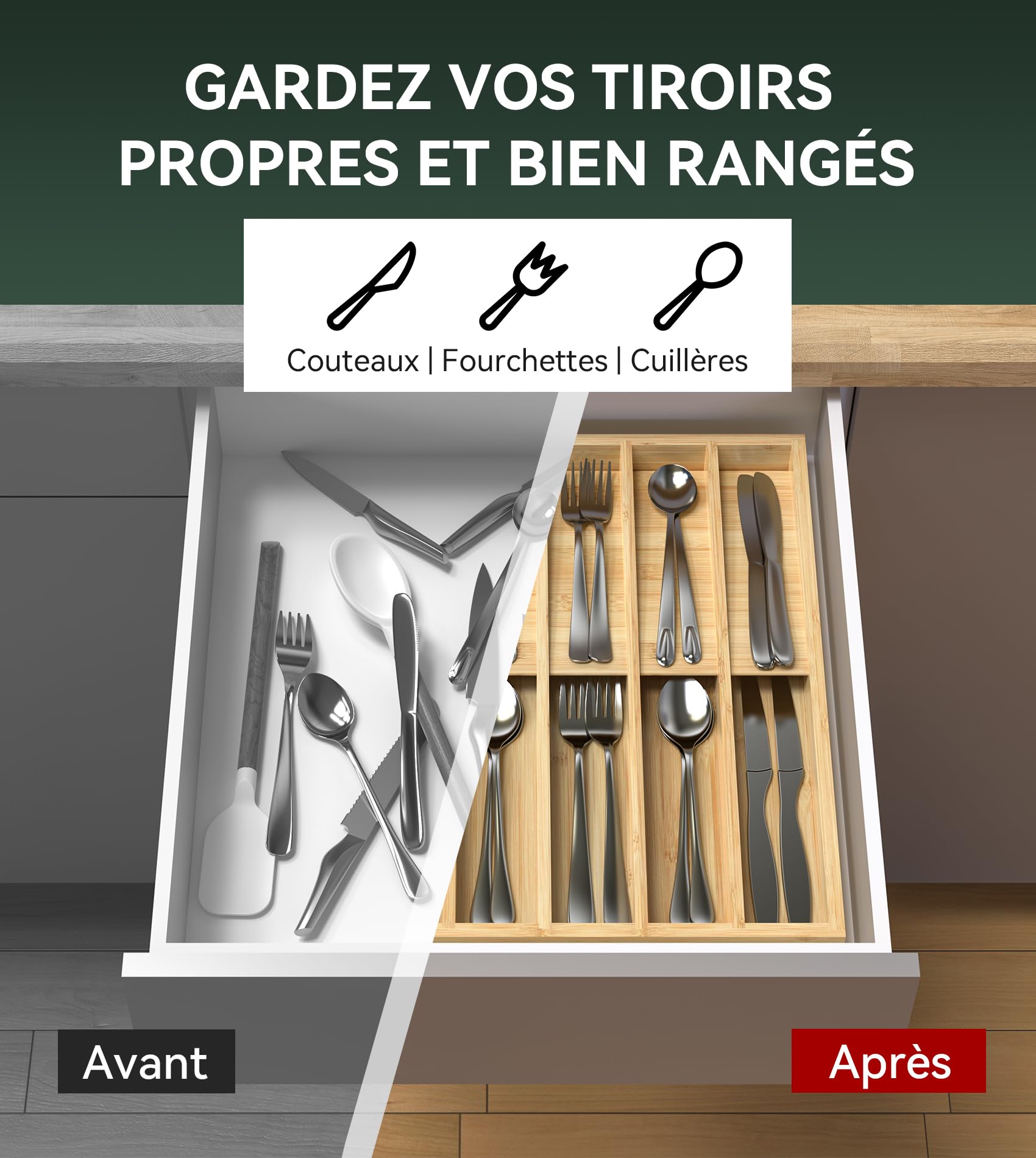 WELL WENG Cutlery Tray for Bamboo Drawer, Utensils Tray | 16 x 31.5 x 4.2 cm, 10 Compartments Kitchen Organisation, Storage for Tableware for Spoons/Forks/Knives
