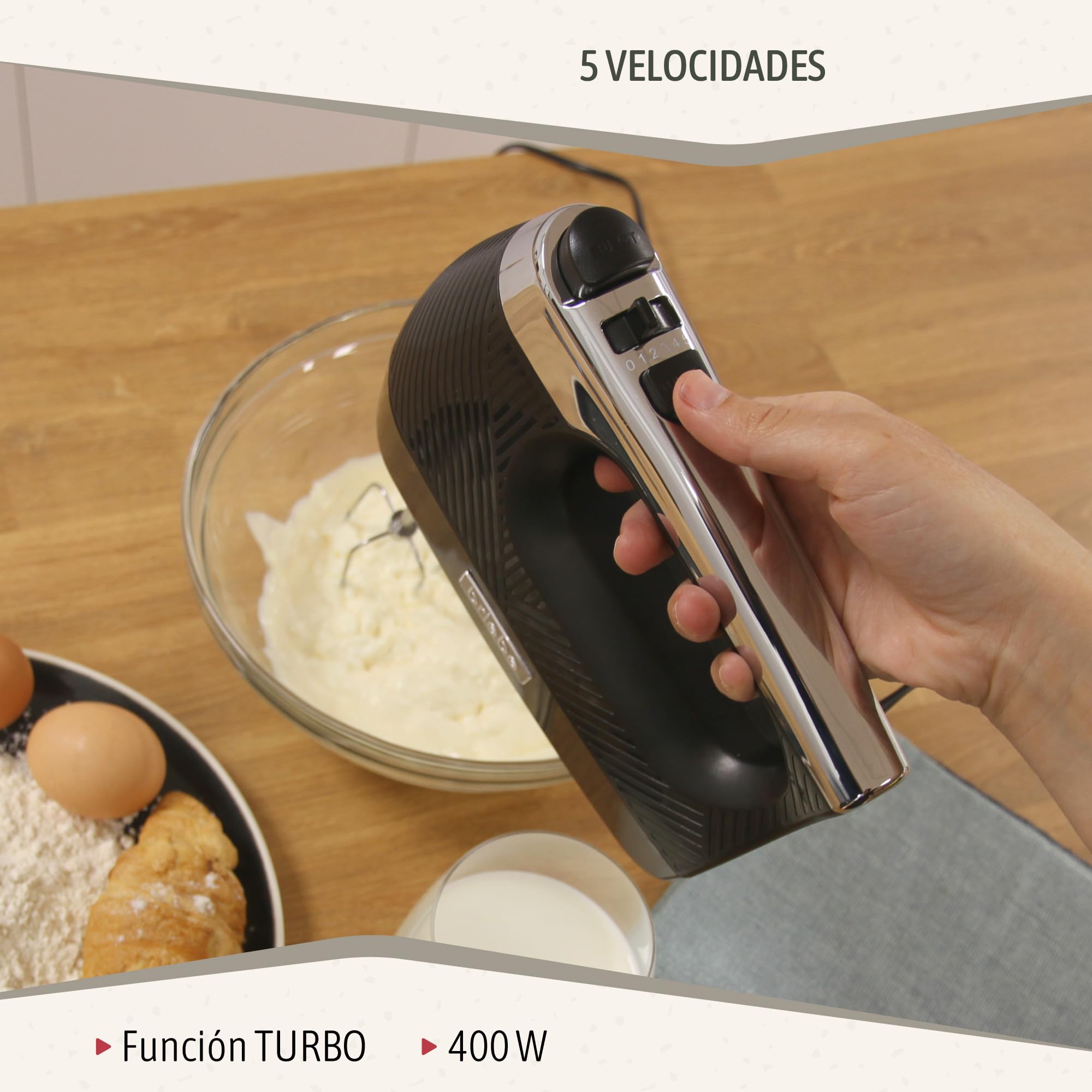 briebe Elegance Set Batidora de Mano 600W, 2 Velocidades Pie Desmontable Acero Inoxidable + Batidora de Varillas Eléctrica 400W, Amasadora de Mano Especial Repostería 5 Velocidades + Turbo (Negro)
