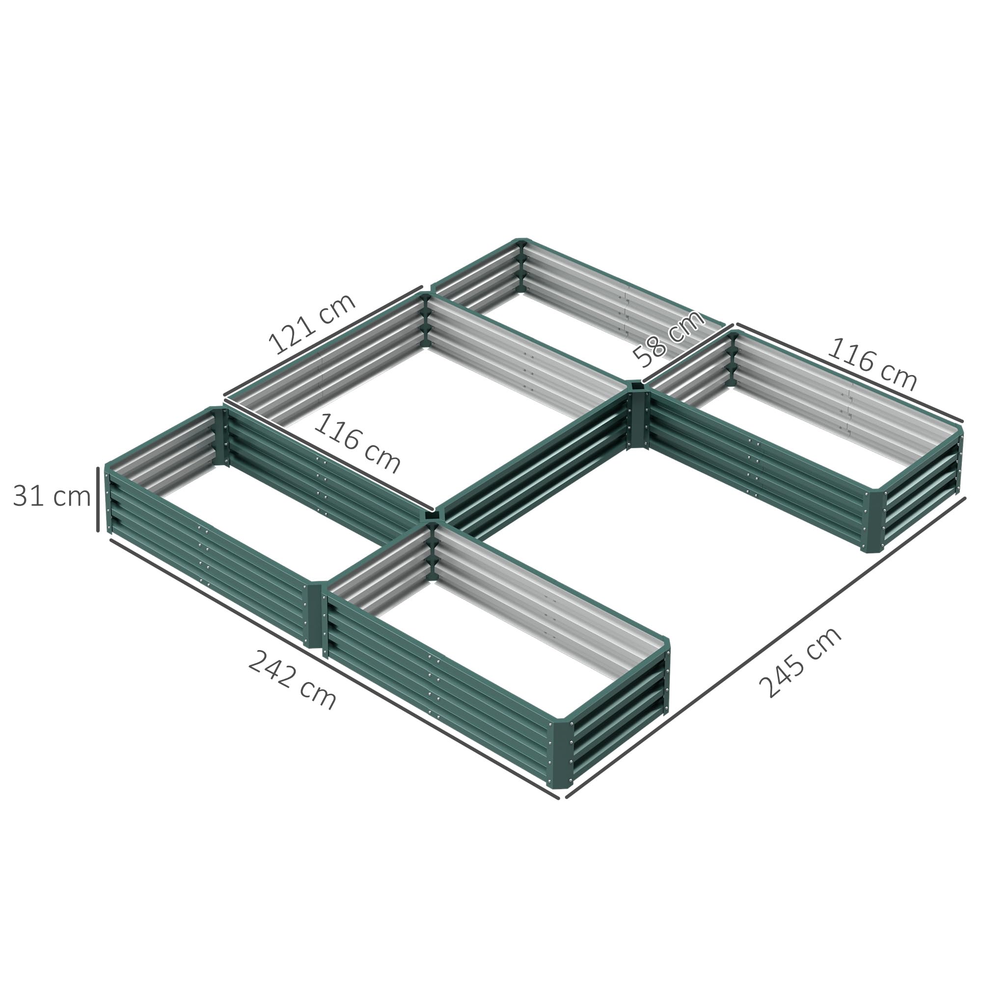 Outsunny Jardinière Carré Potager de Jardin 245L x 242l x 31H cm Vert | Modulable En Acier, Ensemble de 5 Jardinières, pour Légumes, Plantes, Fleurs