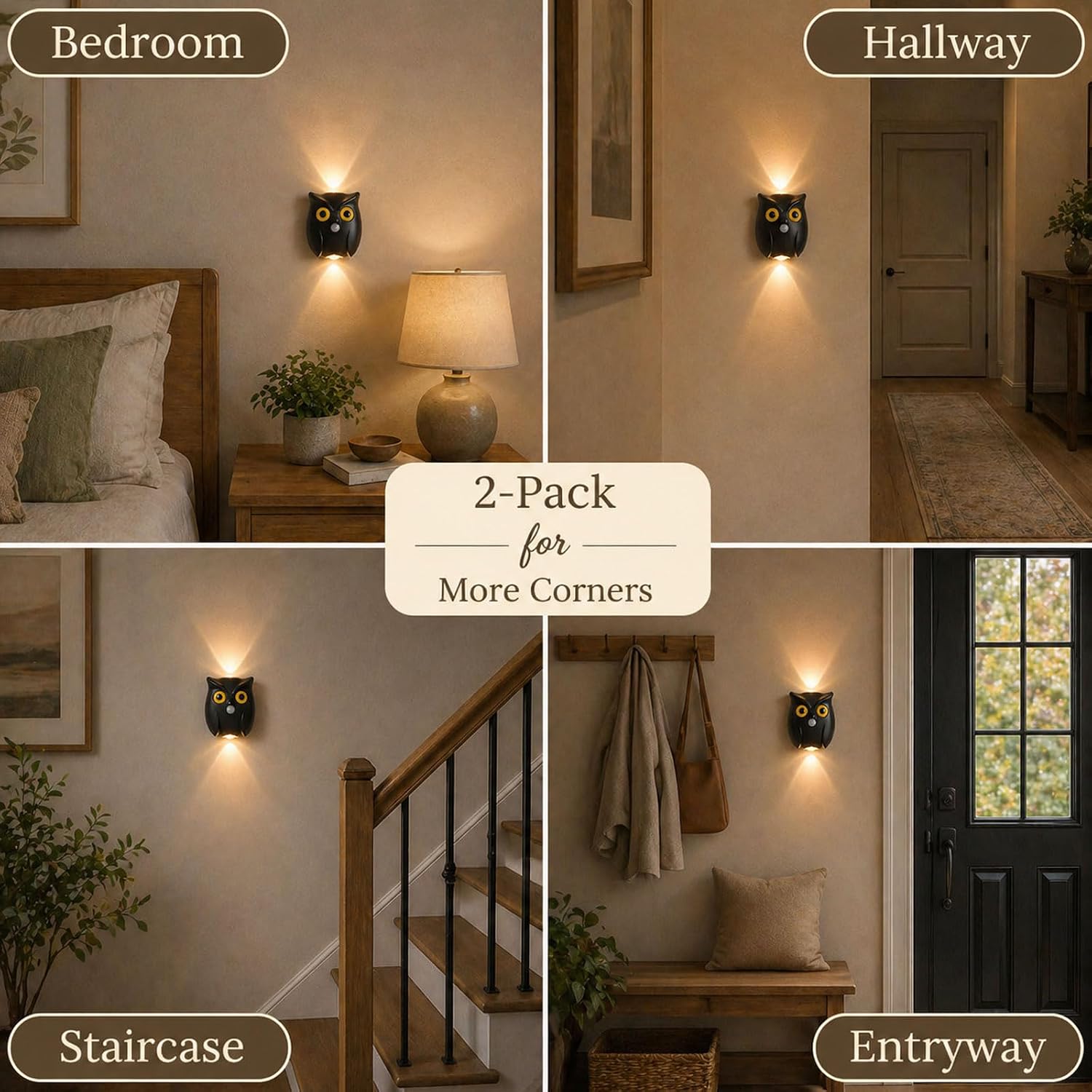 2-Pack Obsidian Owl Wall Lamp, Cute LED Night Light for Bedroom Decor, Warm Ambient Lighting for Kids Room, Nursery & Hallway, Creative Animal Wall Light, Gift for Home Decoration