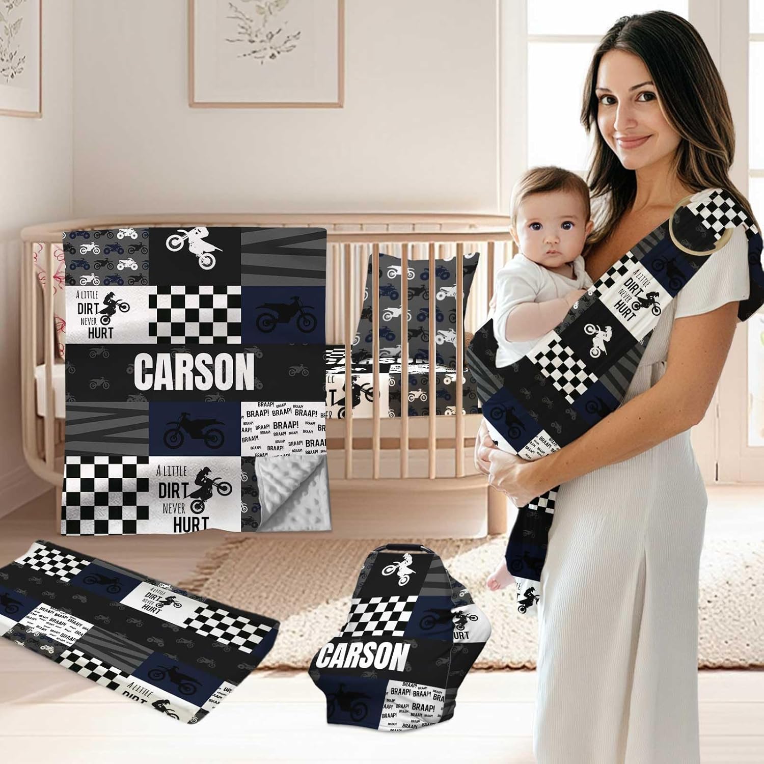 Custom Name Baby Crib Bedding Sets for Boys, 3 Piece Personalized Motocross Baby Crib Set, Minky Dot Blanket, Fitted Sheet, Changing Pad Cover, Nursery Bedding Sets for Infant Toddler