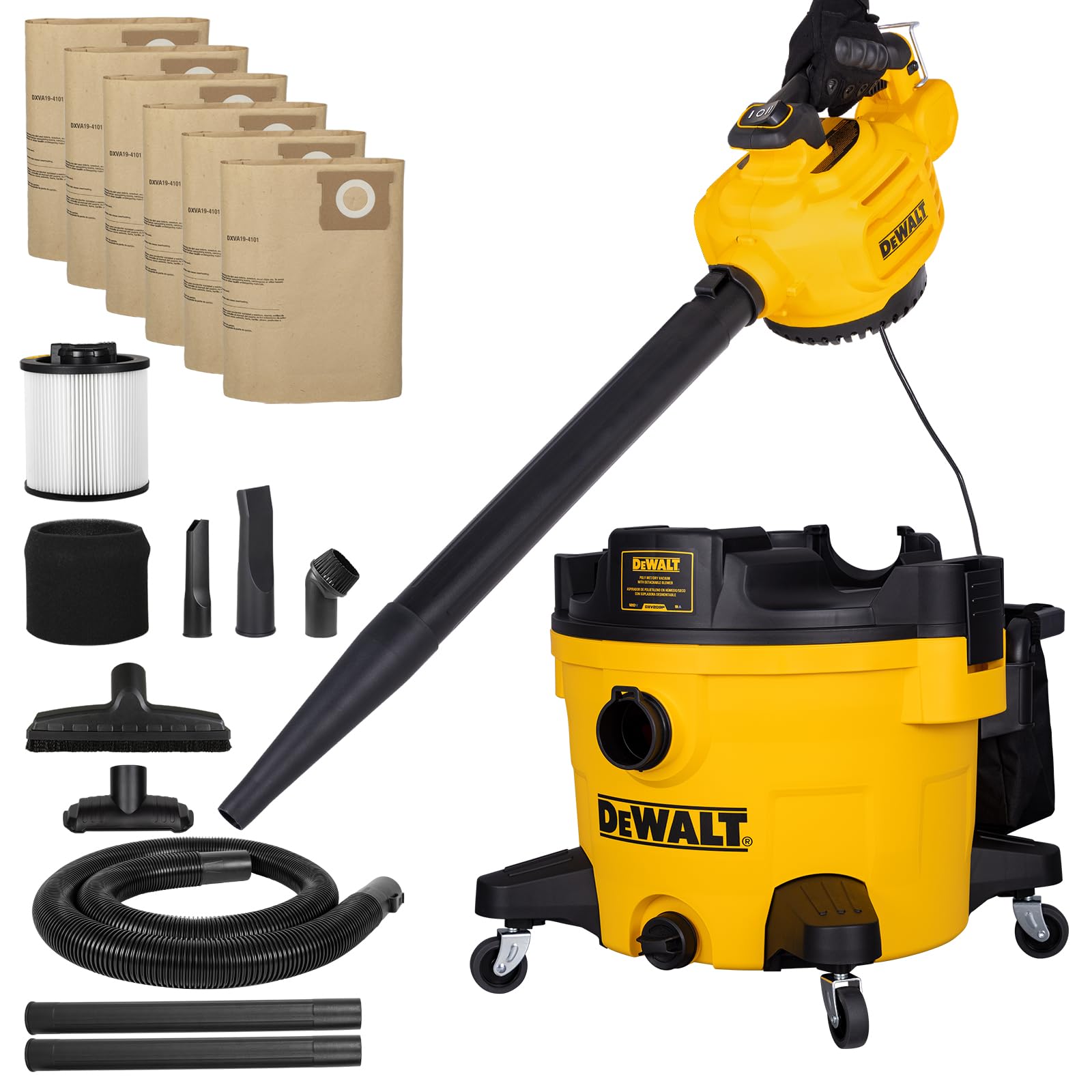 DEWALT Shop Vacuum Wet and Dry Vac with Detachable Leaf Blower, 9 Gal Shop Vac Leaf Vacuum Cleaner with Bag for Home, Garage, Workshop, Lawn, Yard, Patio, 5 Peak HP, DXV209PC