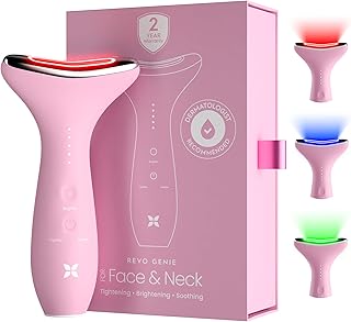 REVO Genie - Masajeador de belleza facial y cuello 3 en 1 con calor, 3 terapias de luz, vibración inteligente, luz roja, luz azul, terapia de luz verde para una piel suave y brillante, perla rosa