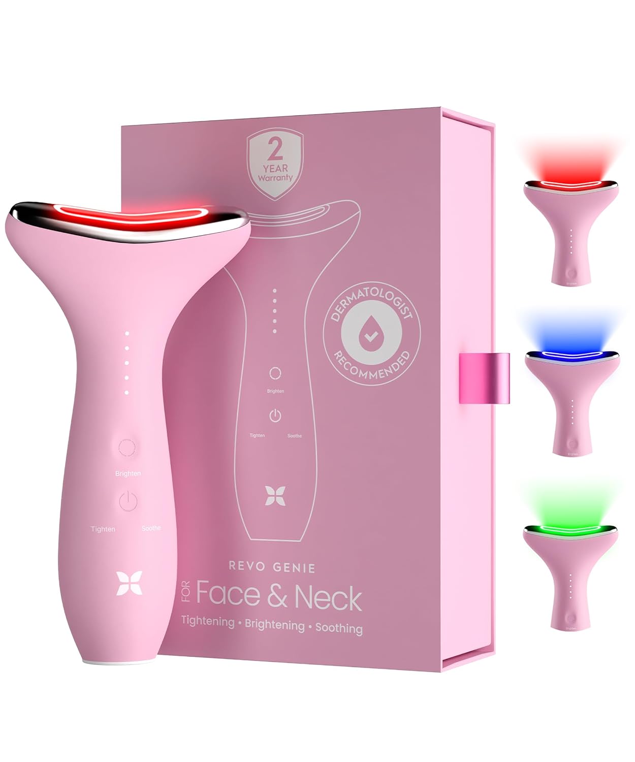 REVO Genie | 3-in-1 Face & Neck Beauty Massager with Heat, 3 Light Therapies, Smart Vibration | Red Light, Blue Light, Green Light Therapy for Smooth Glowing Skin – Pink Pearl