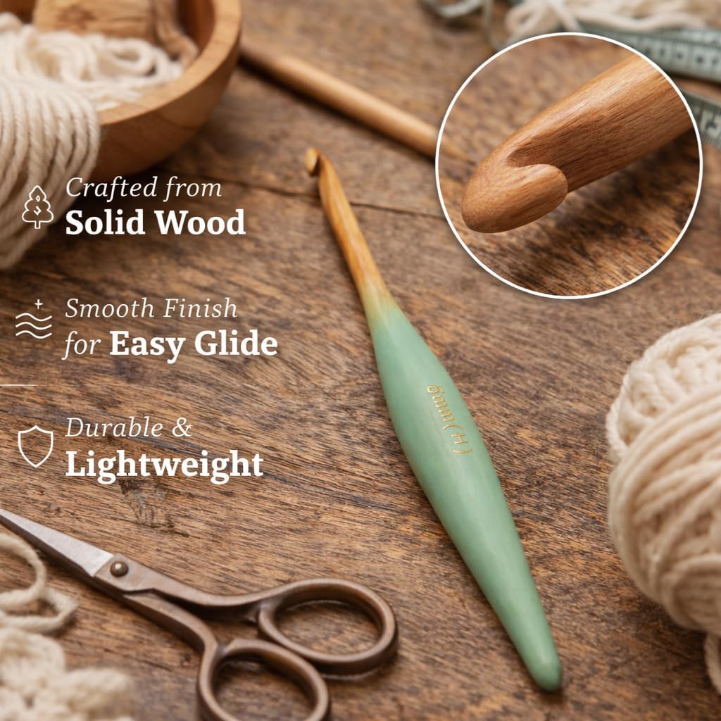 Divit Shilp Streamline Ergonomic Handle Crochet Hooks for Arthritic Hands | Handcrafted 7’’ Steambeech Wood Crochet Hook Knitting Needle, Craft Yarn Weave | Best Gift! (Mint Breeze) (7 mm)