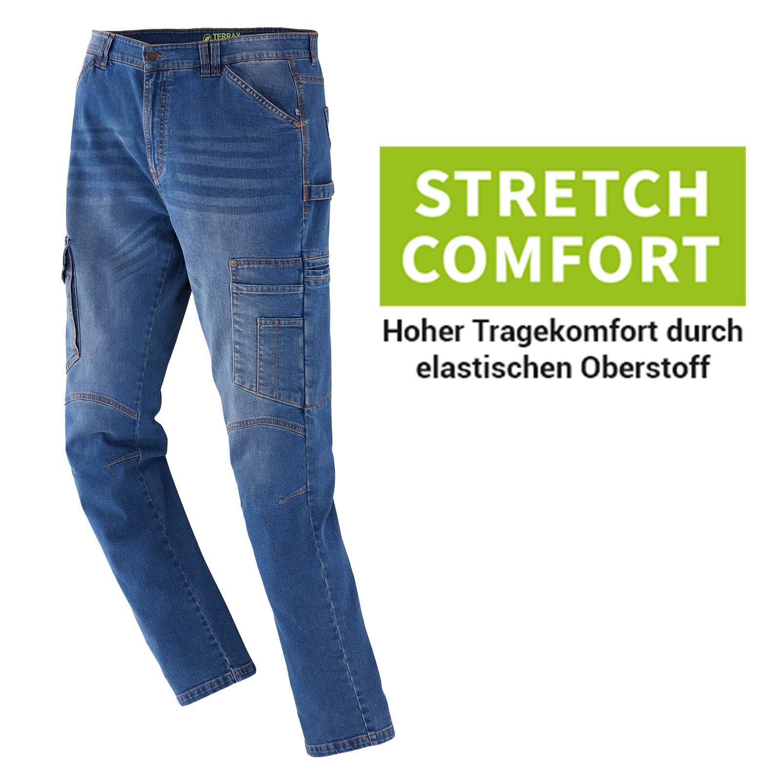 Terrax Workwear Herren Denim-Arbeitshose in sportlich schmaler Passform - Bundhose Jeans-Look mit vielen Taschen
