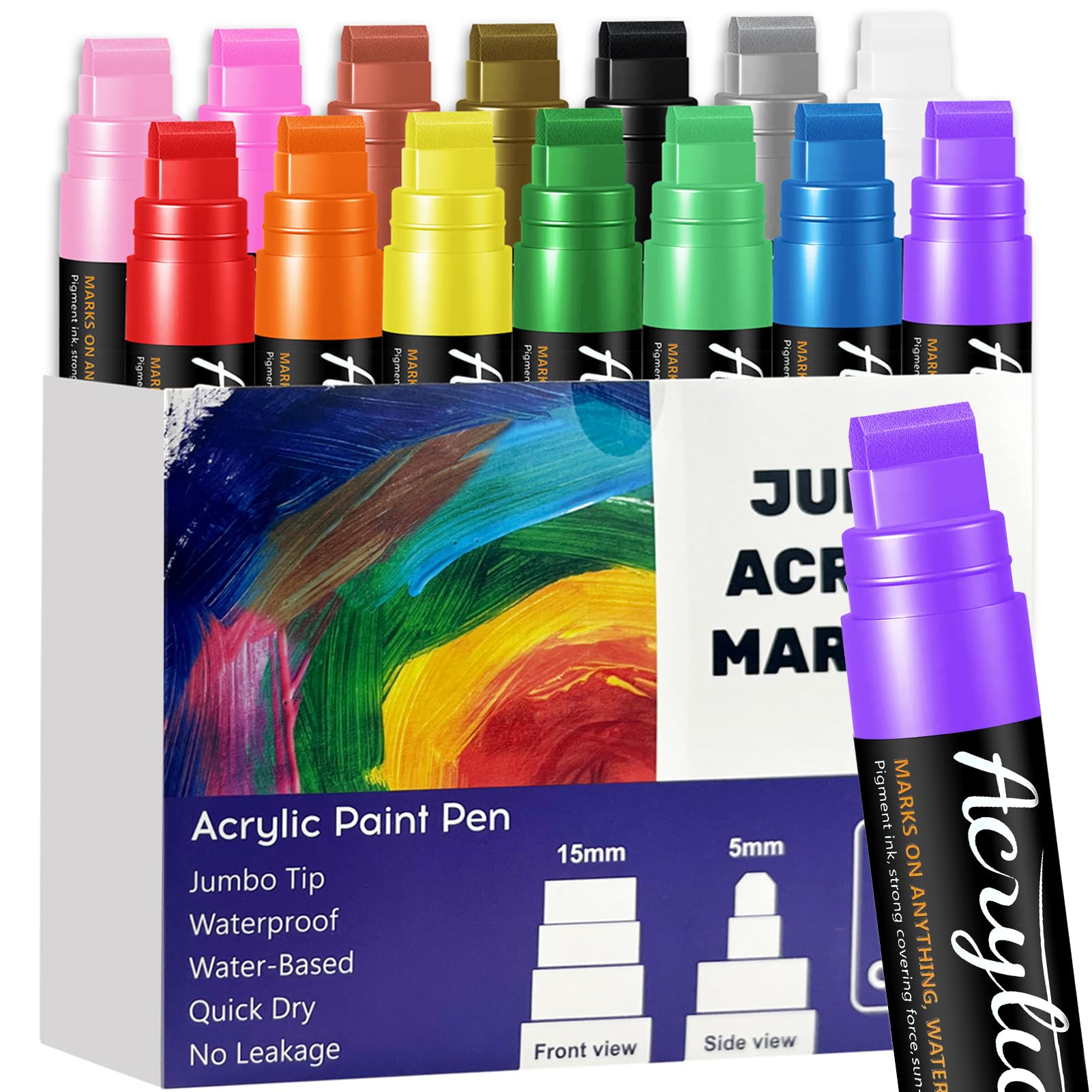14 Colors Jumbo Acrylic Markers, 15mm Wide Tip Acrylic Markers, 3 in 1 Acrylic Markers for Stone Glass Wood Ceramic, Broad Tip Marker for Most Surfaces