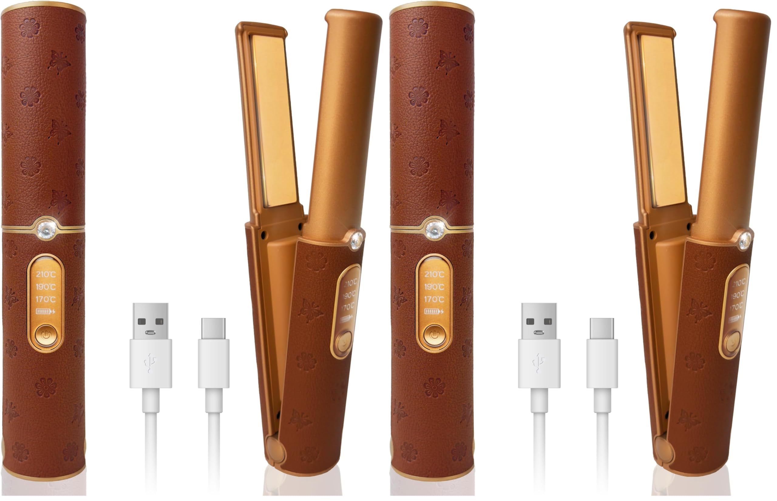 Glätteisen Kabellos, Haarglätter 2 in 1 mit 5000mAh, Mini Reiseglätteisen Glätteisen Locken und Glätten, Tragbares Reise Schnelle Aufheizung 210°C/410°F Hair Straightener Braun (Packung mit 2)
