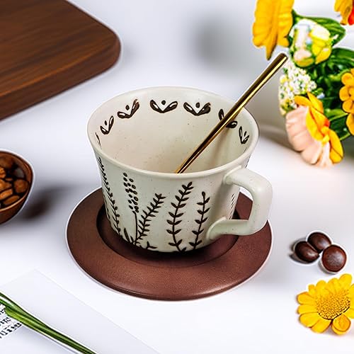 Miniatura 7 de Taza de café de cerámica vintage Taza de té de café de cerámica gruesa con platillo y cuchara de madera, taza de té y platillo de 12 onzas