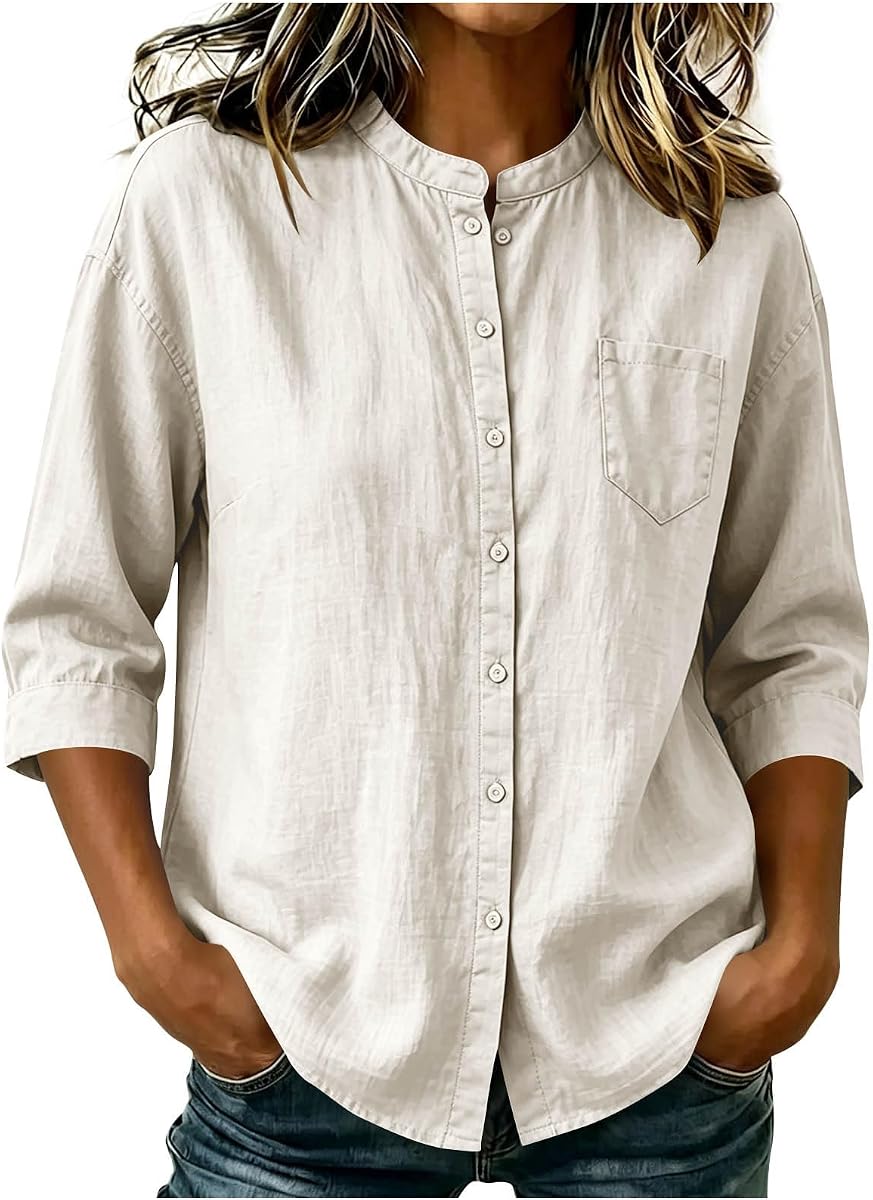 Linen Blend Shirts for Women 3/4 Sleeve Button Down Loose Fit Casual Blouses with Pocket Travel Summer Tops