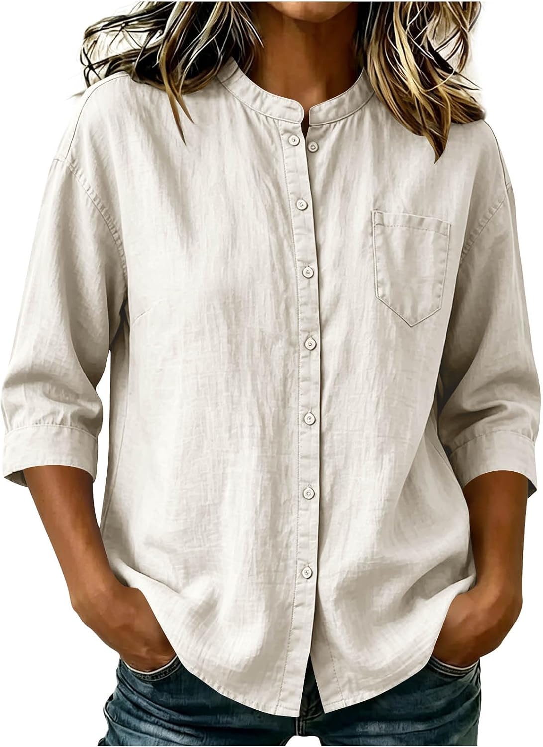 Linen 3/4 Length Sleeve Shirt for Women Button Down Henley Blouses Solid Color Work Business Tees 2026