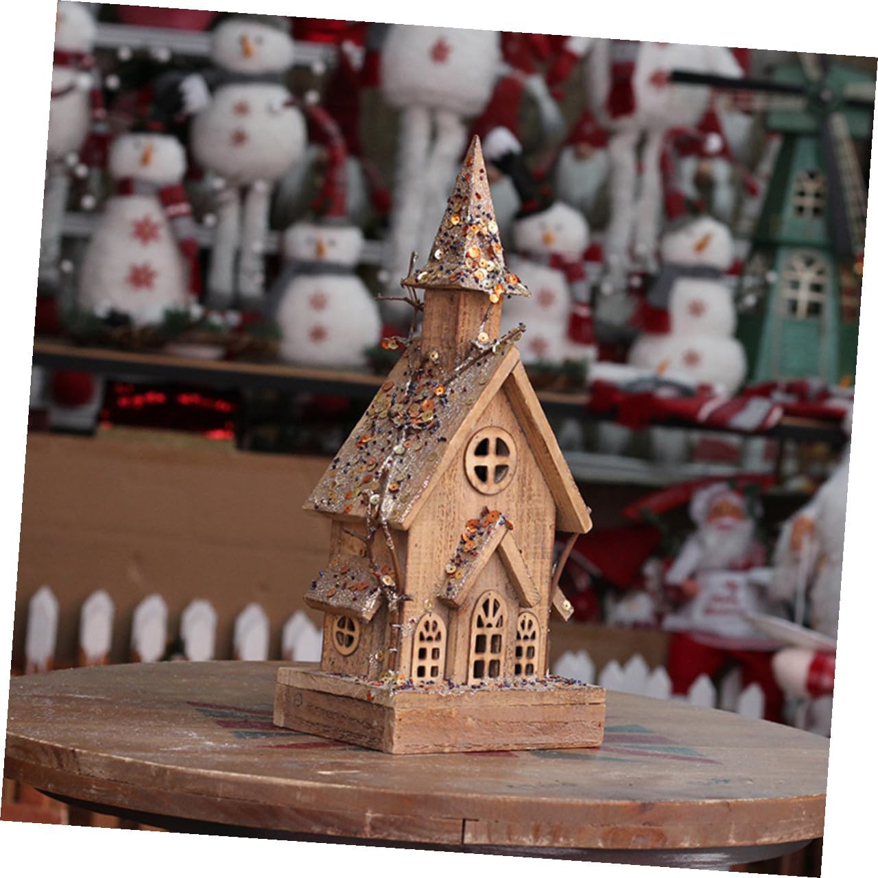 Luminous Wooden Christmas House Decor, Desktop Decorative Xmas Snow Cottage Ornament, LED Lighted Holiday Home Adornment for Party and Festive Display