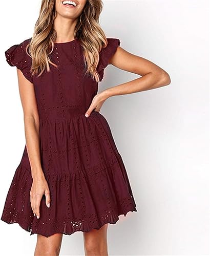 Vista 6 de Kkauae Vestido de moda para mujer, casual, con volantes, cuello redondo, fruncido, acampanado