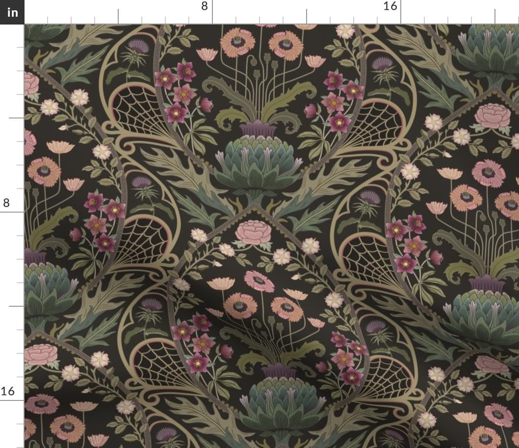 Spoonflower Fabric - Dark Moody Floral Victorian Hellebore Rose Olive Green Art Nouveau Printed on Petal Cotton Fabric Fat Quarter - Sewing Quilting Apparel Crafts Decor