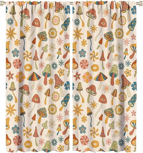 Cortinas retro de hongos con estampado de hongos y flores, cortinas opacas con bolsillo para barra, cortinas de ventana para dormitorio, sala de