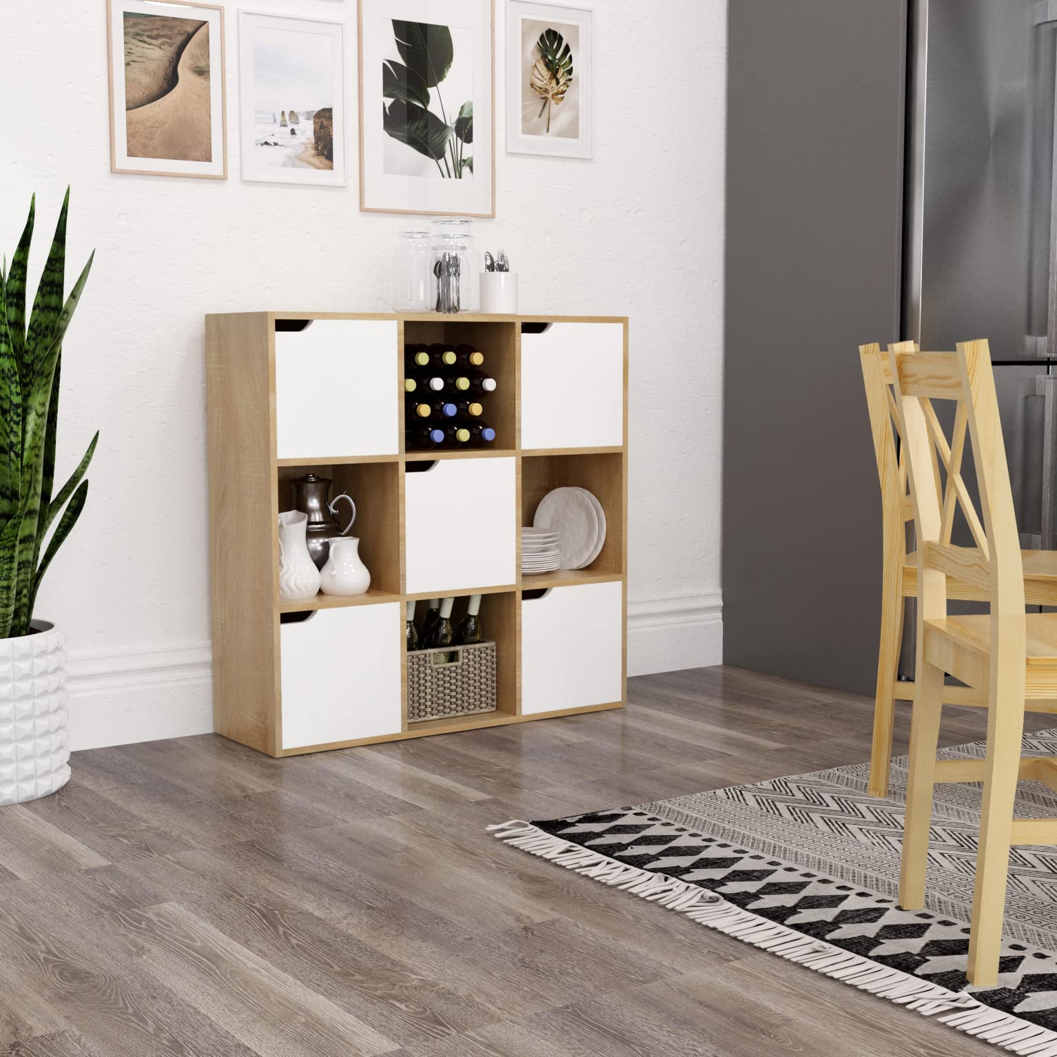 Meerveil Étagère de Rangement 9 Cubes Bibliothèque en Bois Armoire de Rangement, Inclus 4 Cubes Ouvertes et 5 Cubes avec Portes pour Salon Bureau Style Moderne, Chêne