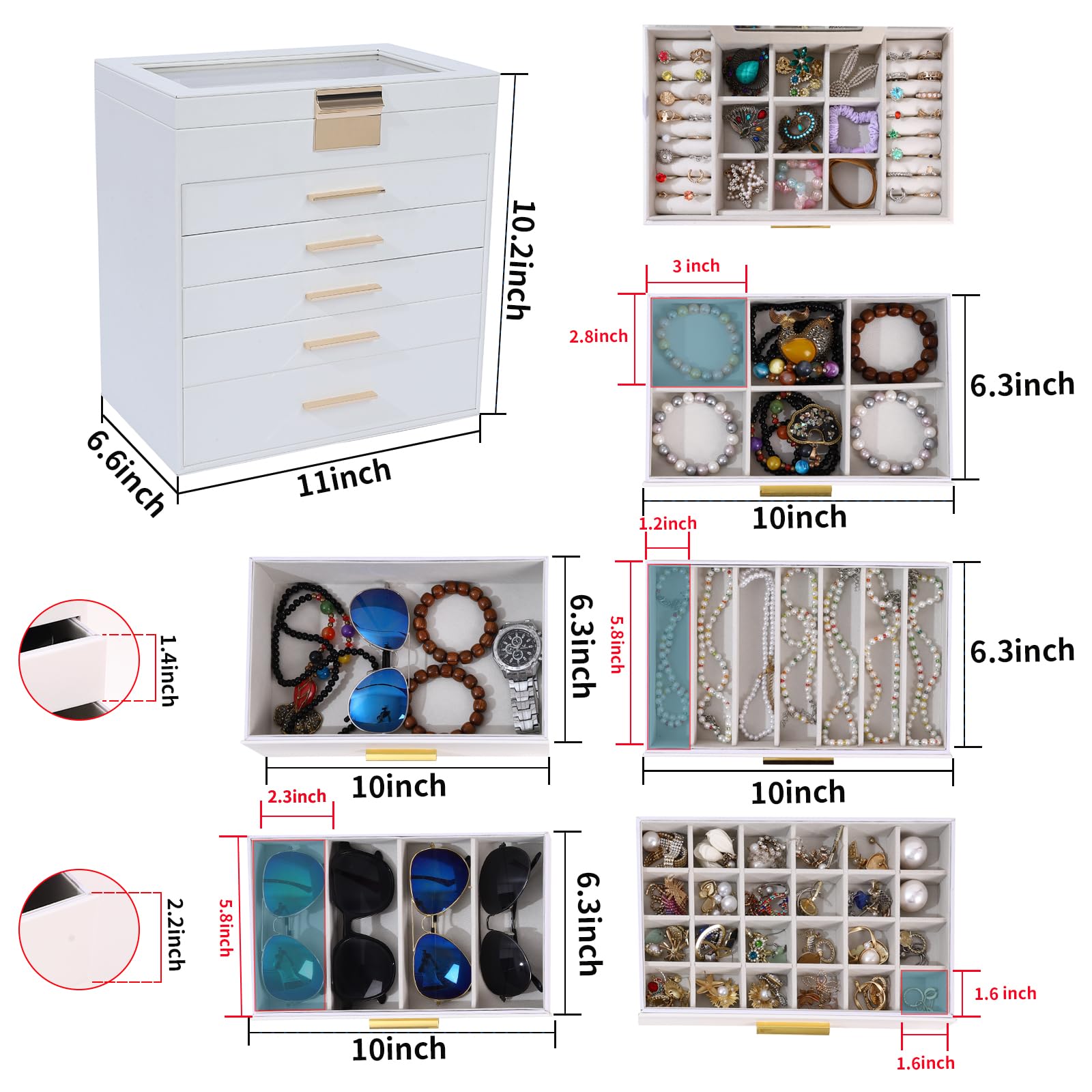 BOOVO Jewelry Box for Women, Black 6 Layer Large Jewelry Organizer with Glass Lid for Necklace, Bracelet, Earrings, Rings Storage, Jewelry Organizers and Storage for Womens Gift (Clear White, 6 layer)