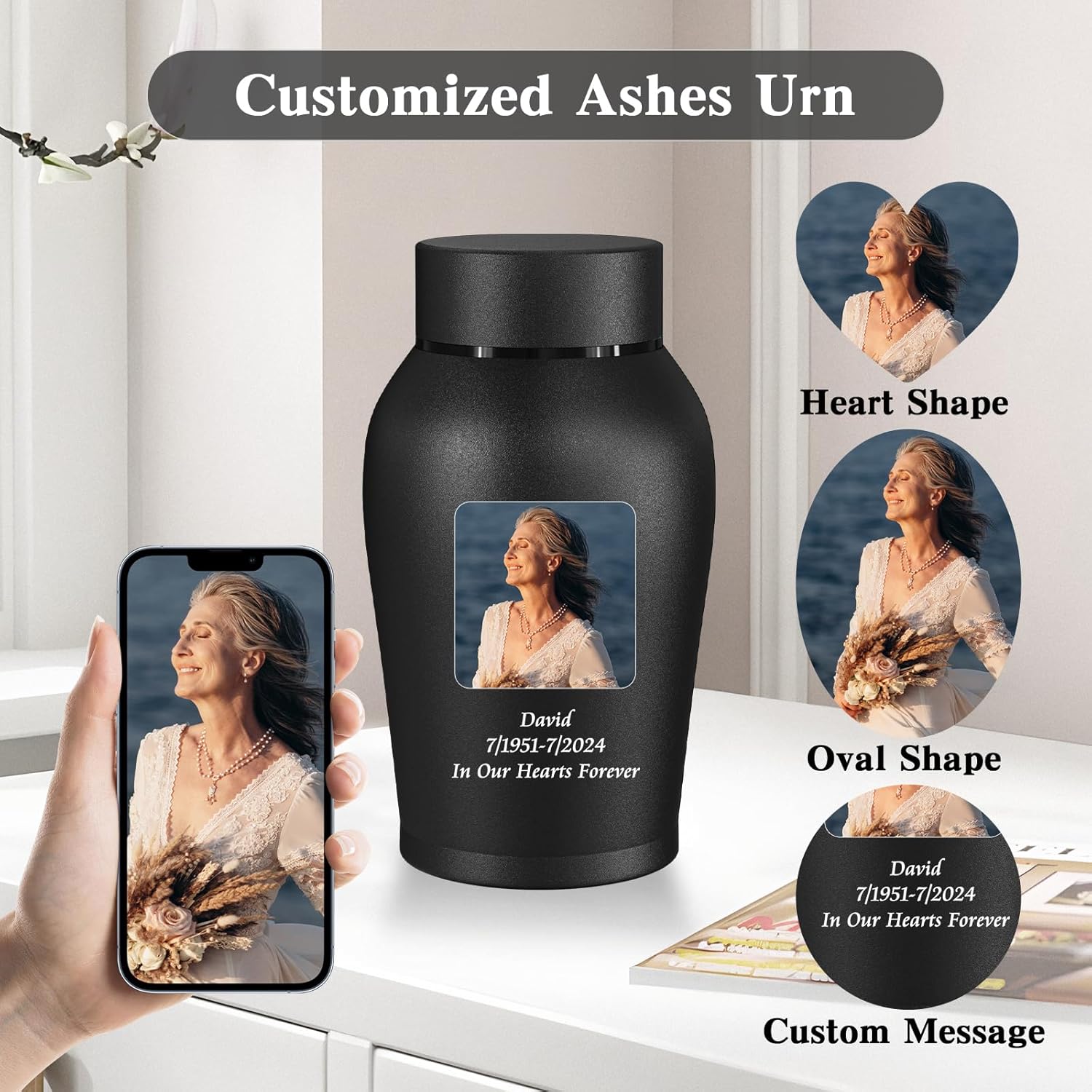Photo Personalized Urns for Human Ashes Mini Urn for Male Female, Picture Customized Stainless Steel Urns Memorial Cremation Urn, Small Urn for Human Ashes Keepsake Decorative Urn - Matte Black
