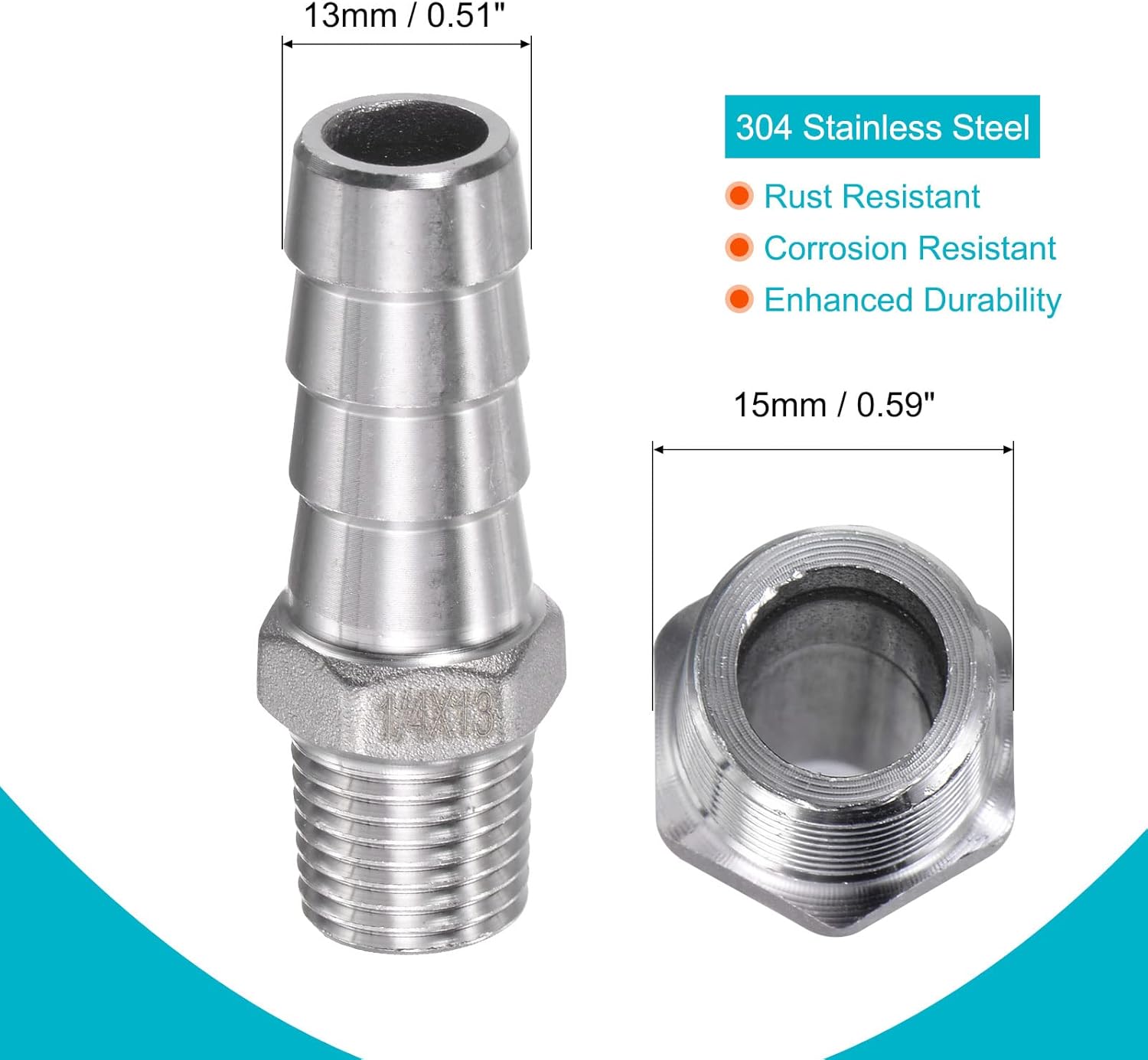 MECCANIXITY Hose Barb Fitting 13mm OD x 1/4PT Male Thread 304 Stainless Steel Straight Pipe Connector for Water Air Fuel
