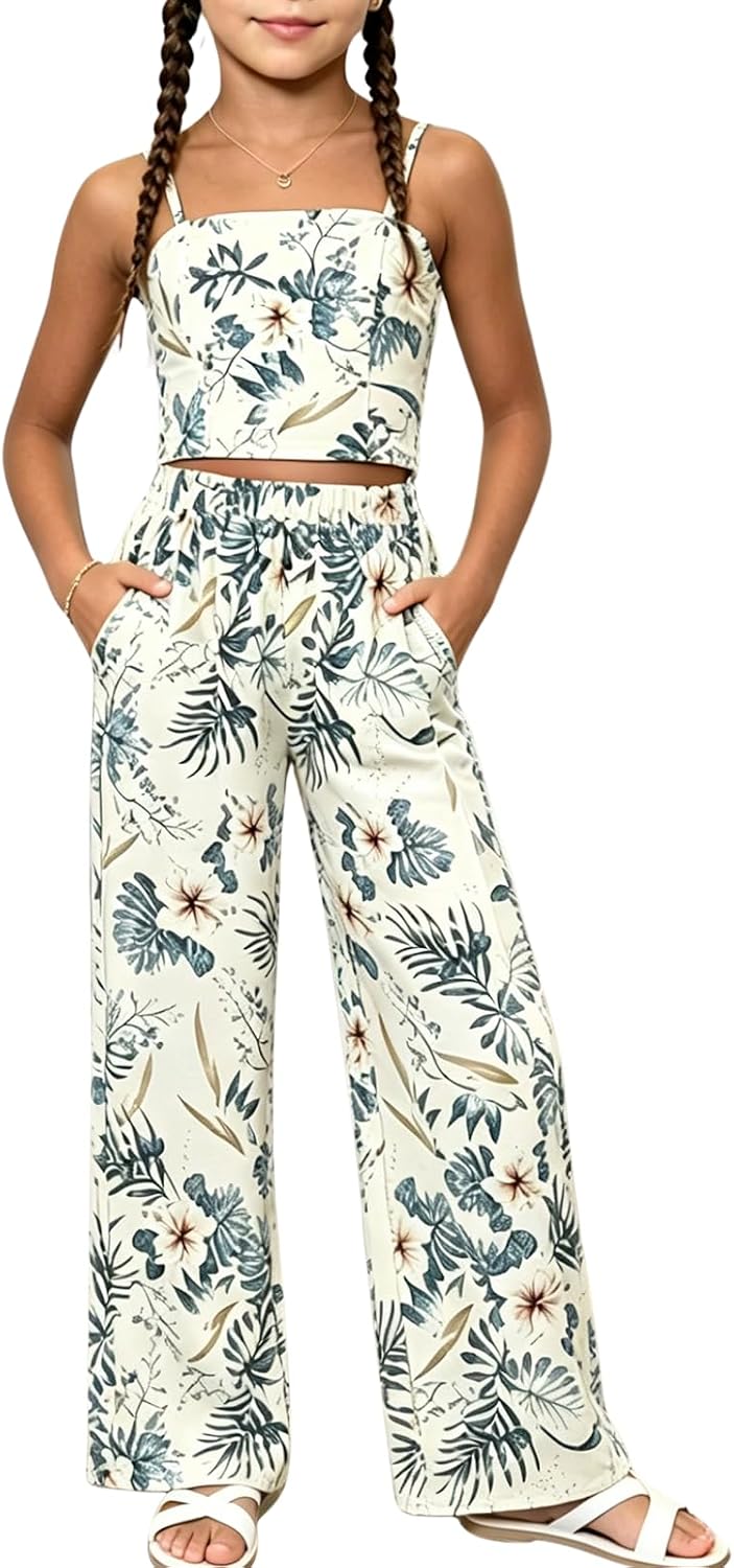 Ayzozuy Girls Floral 2 Piece Outfits Spaghetti Strap Cami Top and Wide Leg Pants Set for 8-13 Years