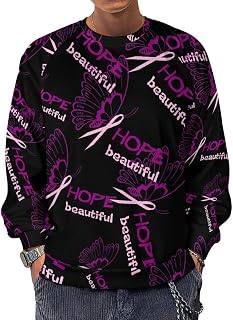 Breast Cancer Awareness Butterfly Men's Crewneck Sweatshirt Long Sleeve Casual Pullover Sweater T-shirt Lightweight Tops