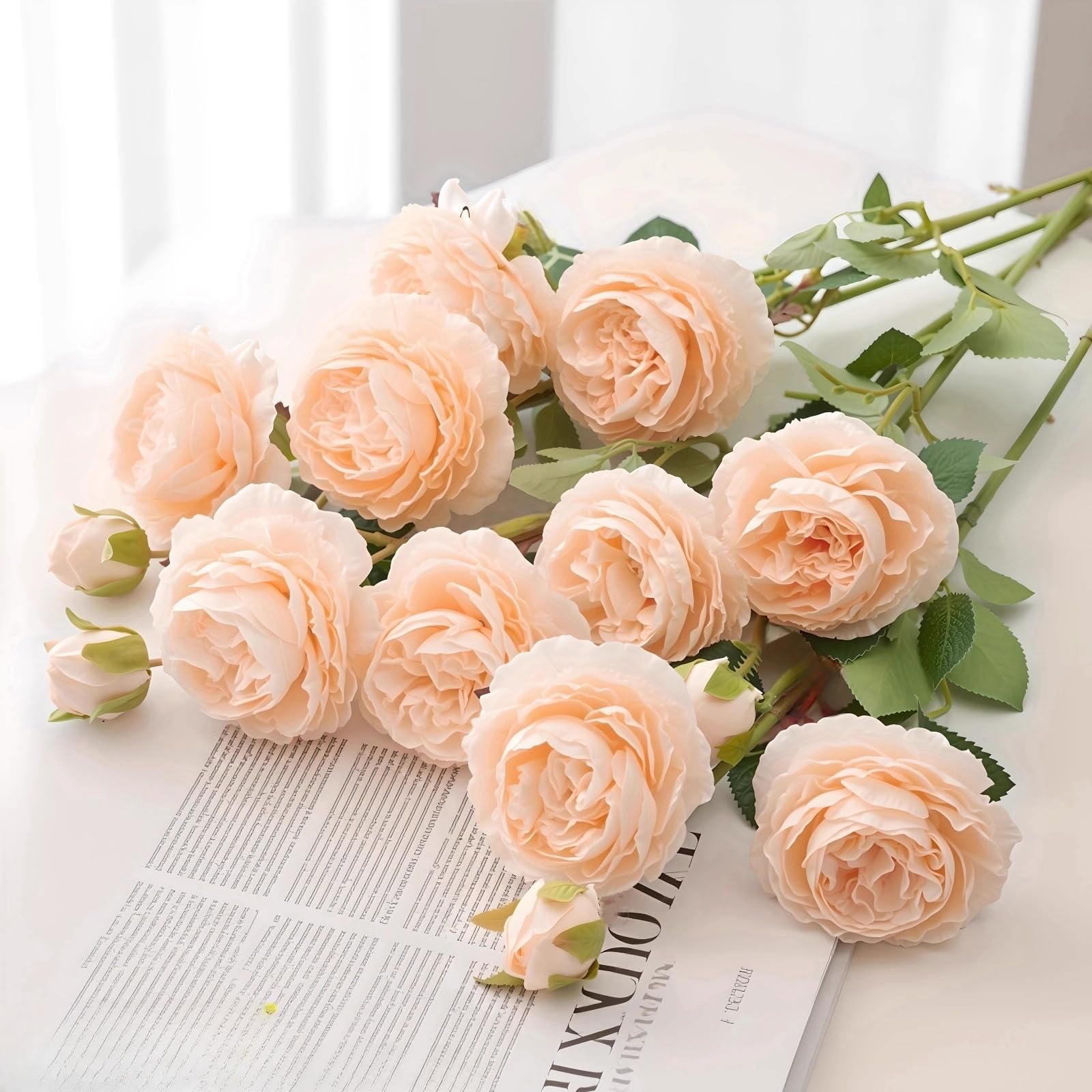 25inches 3 Heads Artificial Peony Flower Long Stem Silk Rose Fake Flowers for Wedding Decoration DIY Craft Home Decor (Champagne)