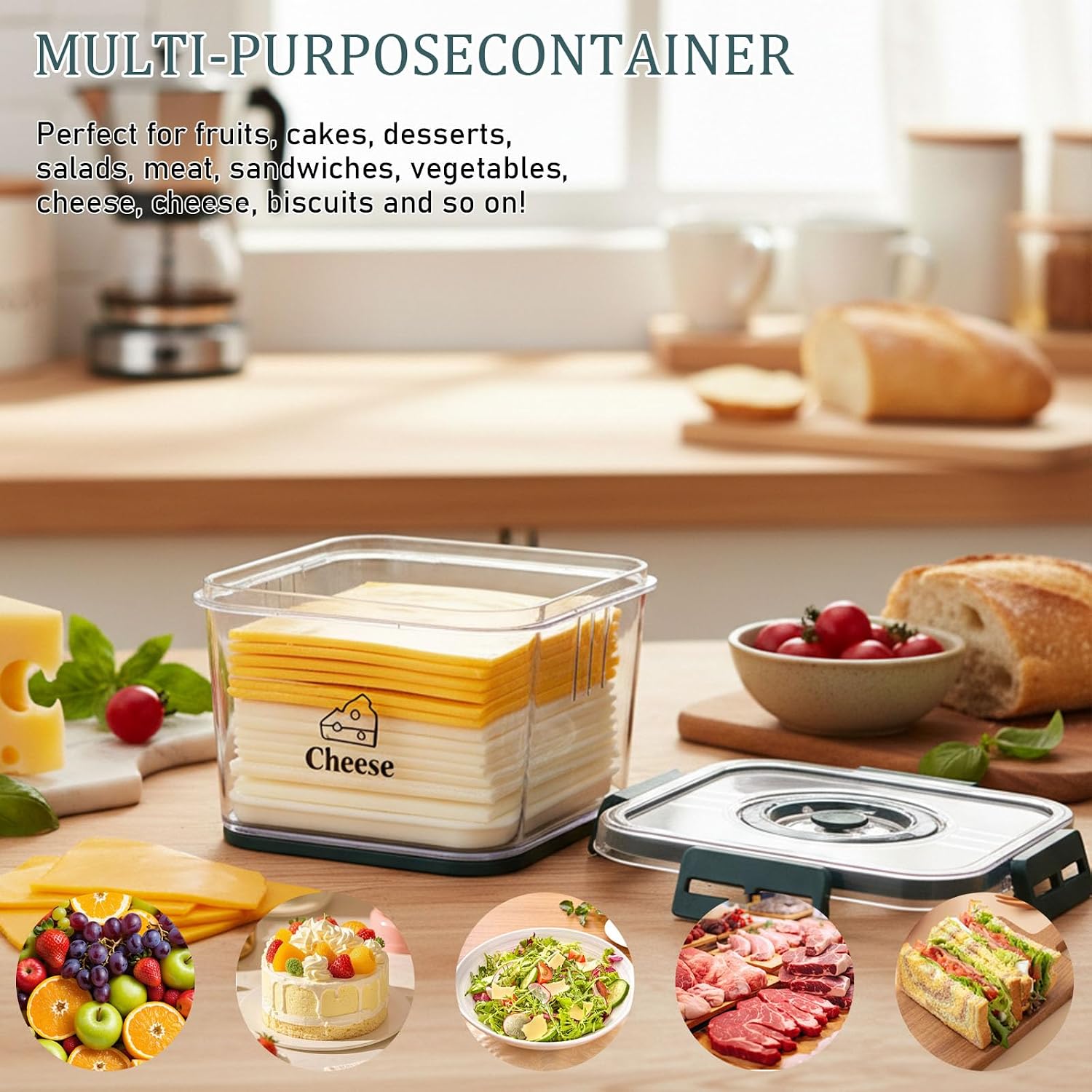 Cheese Container for Refrigerator with Drainer Basket, Clear Cheese Keeper with Silicone Seal, Vent Hole and 4 Side Locks, Cheese Storage Box for Block, Sliced and Shredded Cheese save Keeper