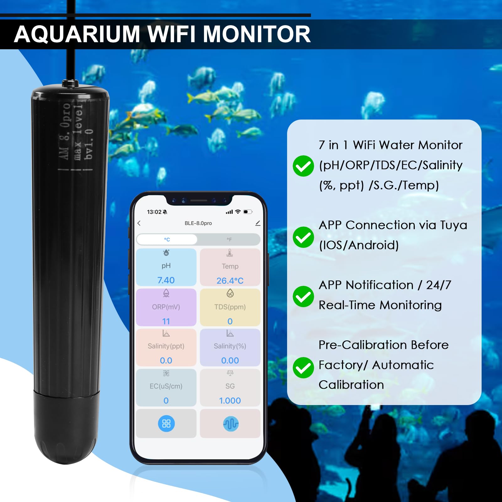 WiFi Wasserqualitätstester 7-in-1 Smart Water Quality Monitor Sonde Monitor pH/ORP/TDS/EC/Salzgehalt/SG/Temperatur für Aquarium, Aquarium, Aquarium, Hydrokultur, Aquakultur, Echtzeit-Datenüberwachung