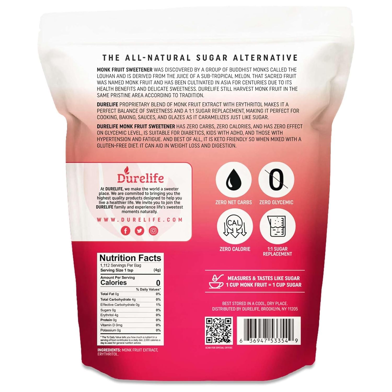 Durelife Golden Monk Fruit Sweetener, 1:1 Sugar Replacement, Keto Diet Friendly, Zero Calorie, Kosher Sugar Substitute Crystal, Golden - 5 lb Bulk Size (Packaging May Vary)