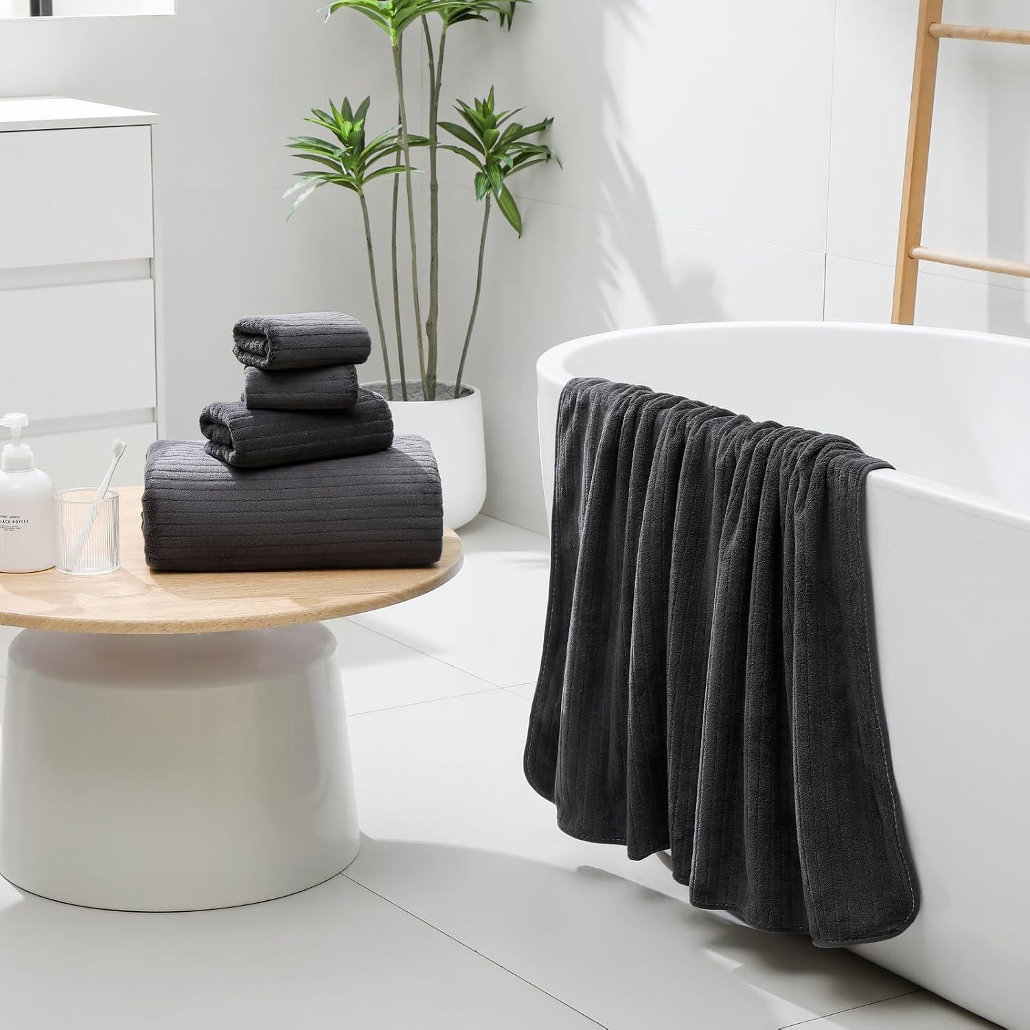 YTYC 39x78 Bath Sheets Extra Large Bath Towels Set for Adults Super Soft Absorbent Striped Microfiber Oversized Bathroom Towels - Charcoal Grey, 6 PCS