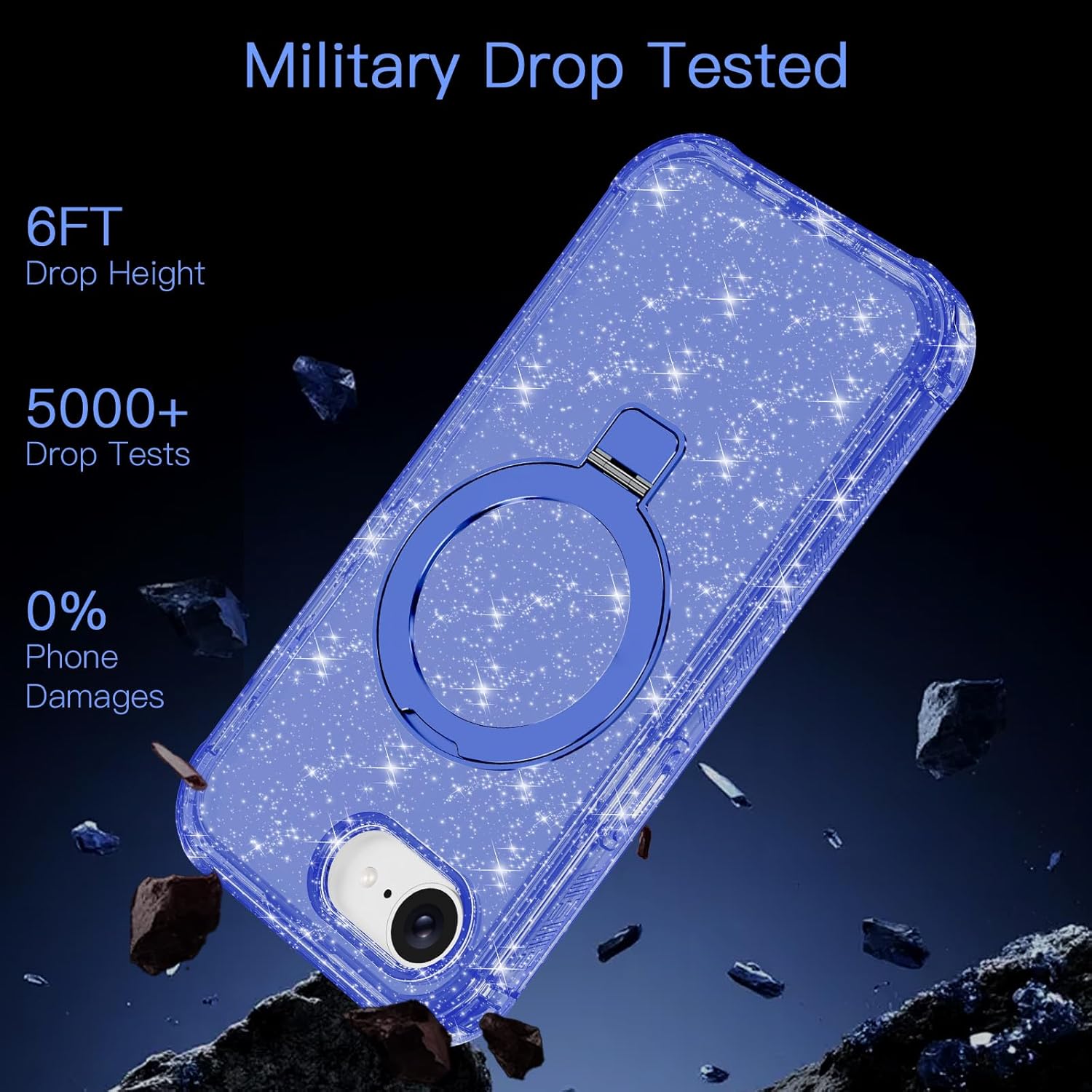 for iPhone 17e Case,iPhone 16e Case,[Magnetic Stand][Fit for MagSafe][Glitter Card][Built-in 9H+ Screen Protector] Military-Grade Drop Proof Shiny Cover for Apple iPhone 17e/16e,Glitter Blue
