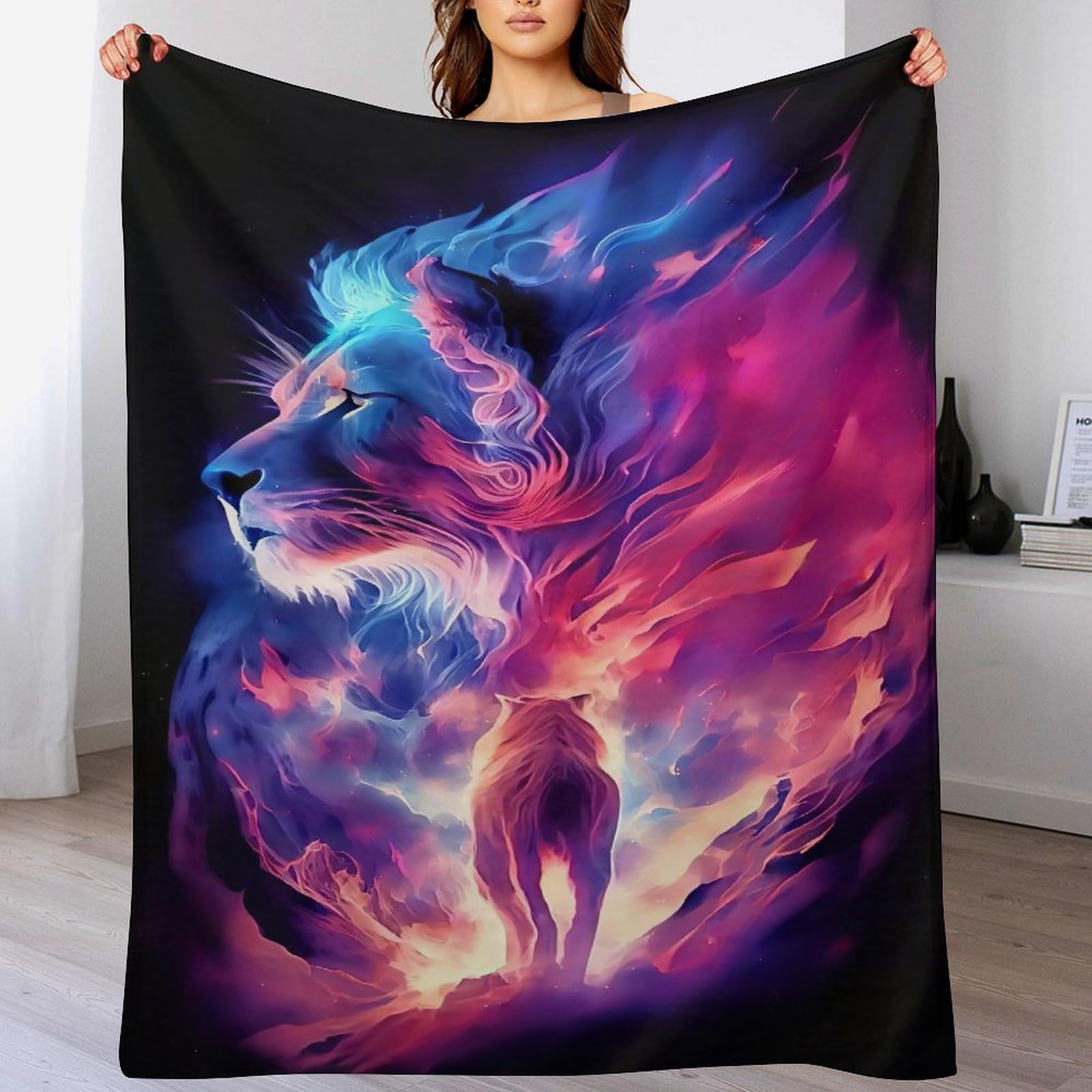 Couverture polaire lion en peluche flannel douce et moelleuse pour lit 100x130cm