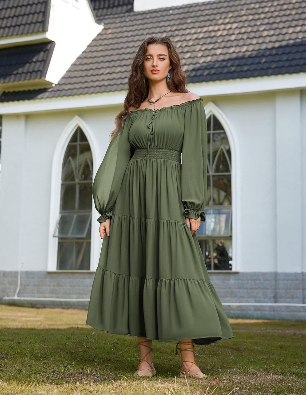 Scarlet Darkness Women Renaissance Off Shoulder Split Sleeve Smocked Waist Tiered Maxi Dress - Image 4