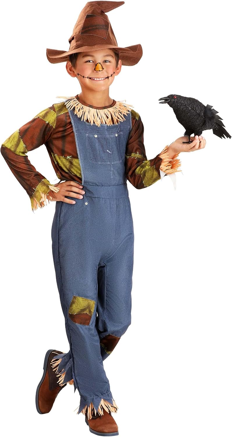 Iconic Scarecrow Costume for Kids - Polyester Shirt, Overalls, Hat, Raffia Straw, Patchwork Print, Elastic Waist