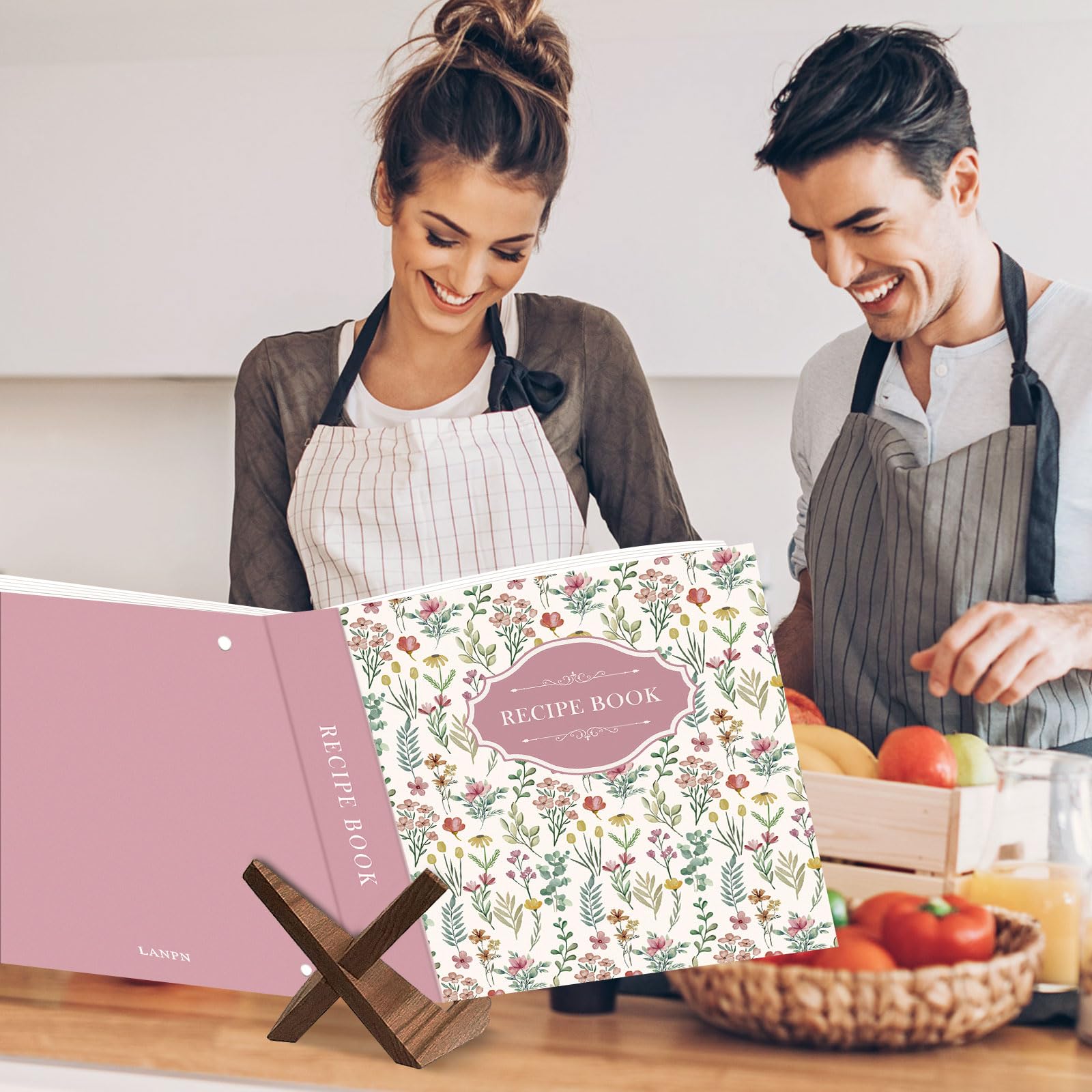 Lanpn Rezepte Ordner 3 Ringen für Kochrezepte, Kochbuch Selbst Schreiben, DIY Recipe Binder Rezeptordner mit 8 Trennblättern und 2 Aufklebern, Leder Rezeptbuch zum Selberschreiben, Rose, Englisch