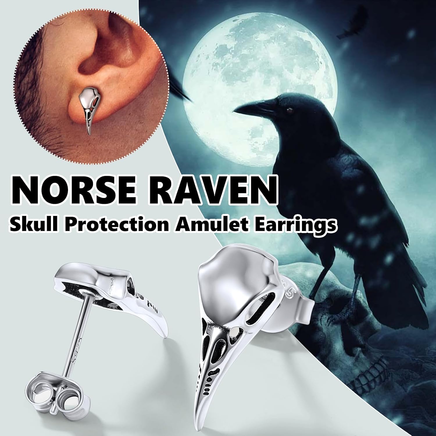 Mens Viking Raven Skull Earrings Hypoallergenic Sterling Silver Studs Vintage Vegvisir Jewelry Gift for Men Women Friends