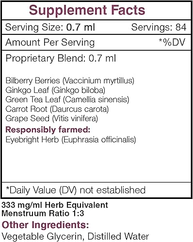 Miniatura 4 de Secrets of the Tribe Falcon Eye Extracto sin alcohol, arándano sin alcohol, luz de ojos, ginkgo, té verde, zanahoria, uva. Tinctura glicerita apoyo