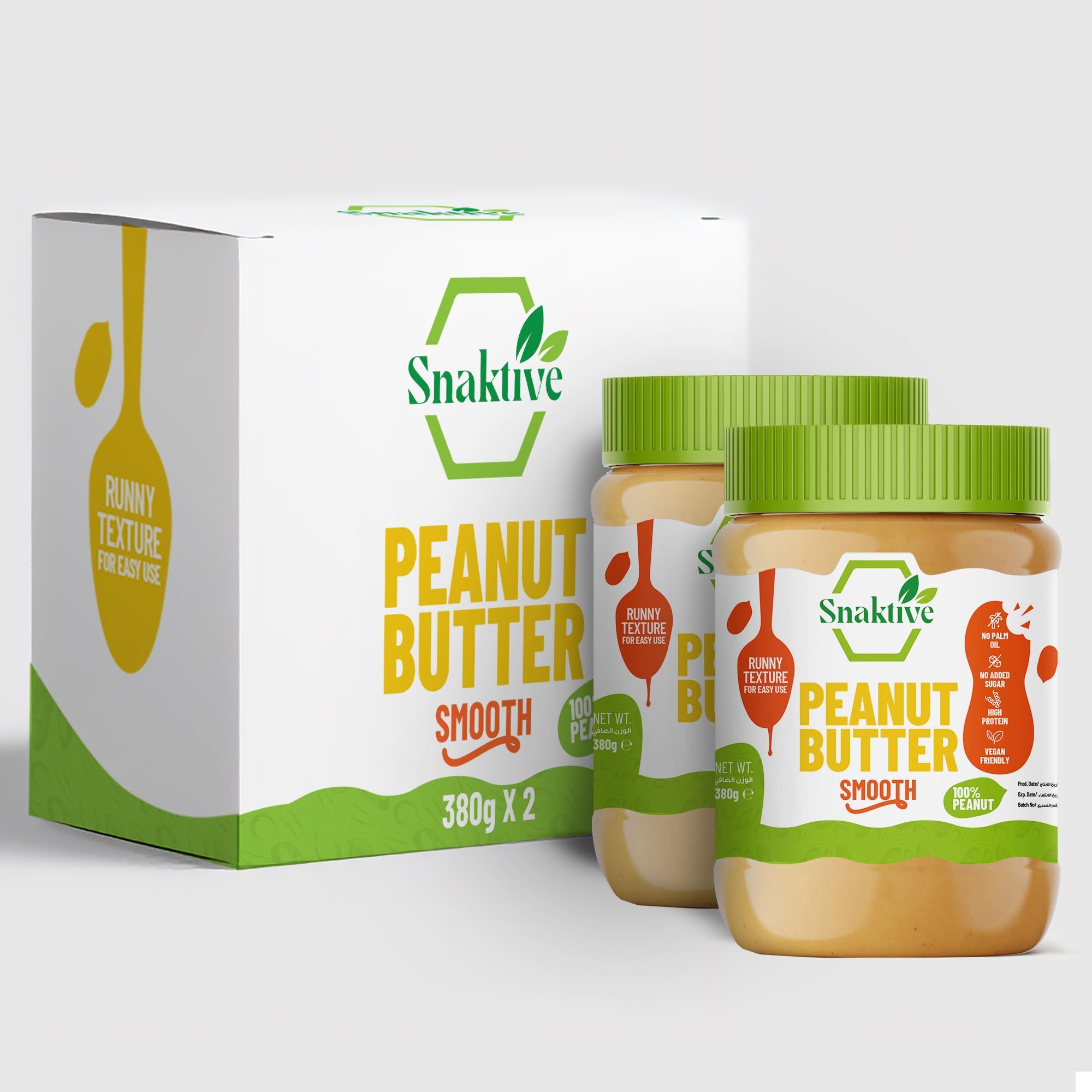 Snaktive Peanut Butter Natural - No Added Sugar, No Palm Oil - 2x380g (Smooth)