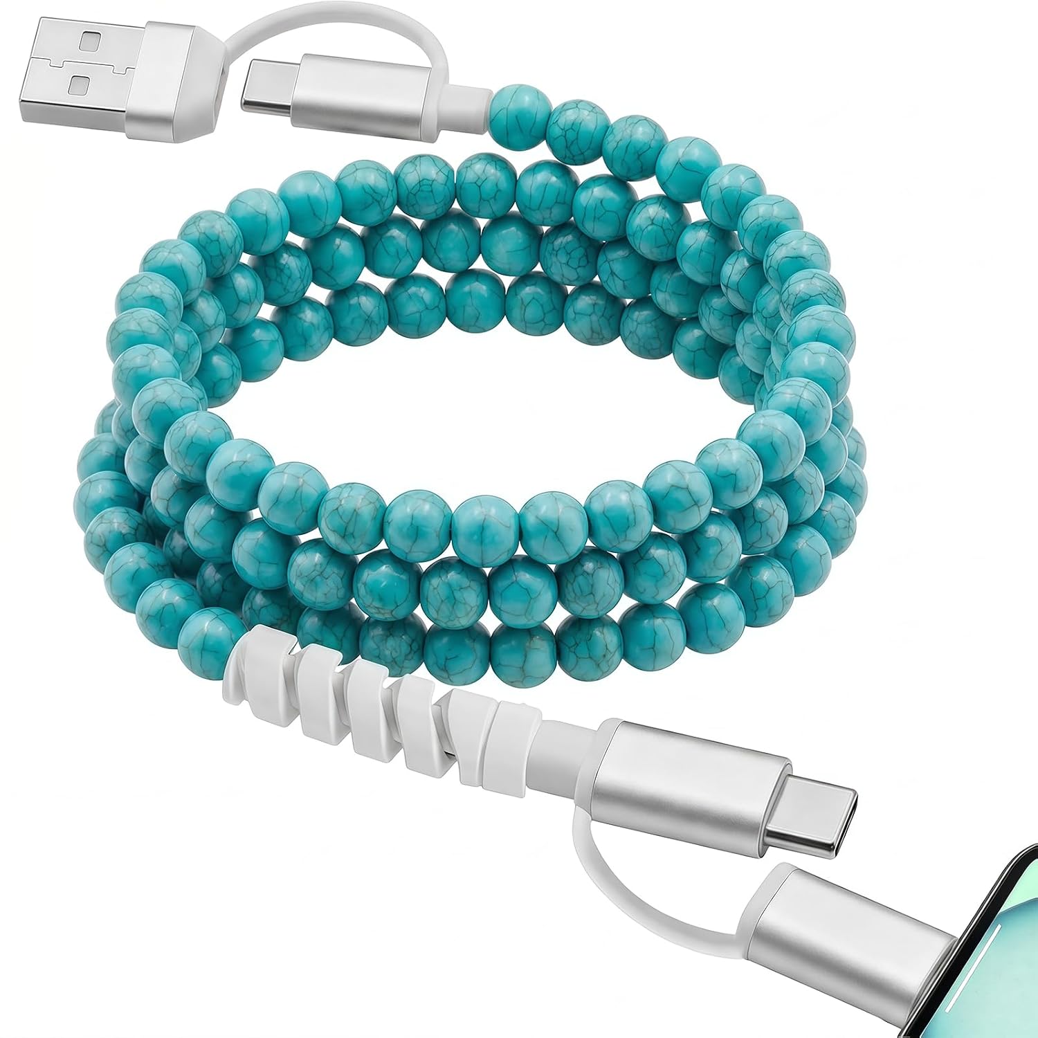 4-in-1 Beaded Charging Cable, MFi Certified, Works with CarPlay, 3.3FT 60W Fast Charger Cord for iPhone 17/16/15/14/13/12/11, iPad, Samsung, Android and More (Classic Turquoise)