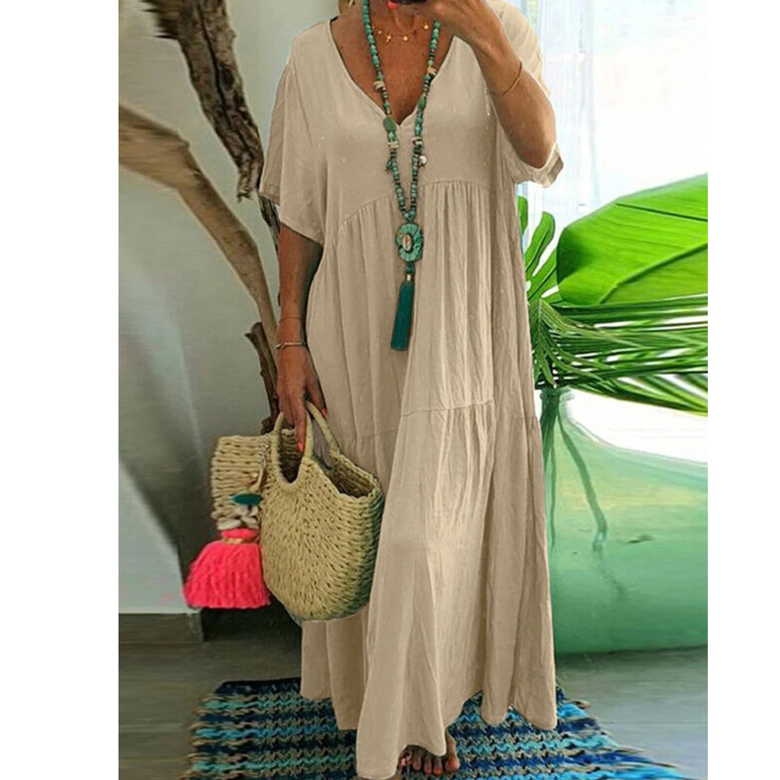 Vestido Largo de Mujer Casual Suelto de Escote en Pico, Primavera-Verano, Vestido de Mujer Plisado de Talla Grande