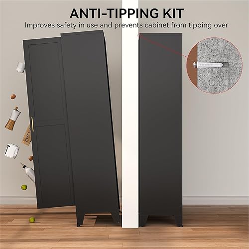 Miniatura 7 de COFaR Armario de despensa de 61 pulgadas de alto en negro, armario de almacenamiento moderno con estantes ajustables, armario de metal resistente