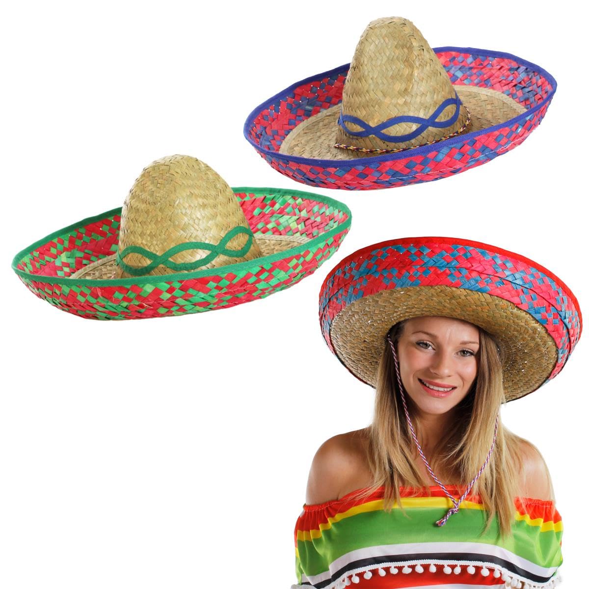 Adults Straw Sombrero Hats with Two-Tone Decorative Trimming - Mexican Summer Fancy Dress Party Hen Stag - 3 Mixed Hats (Green, Red and Blue)